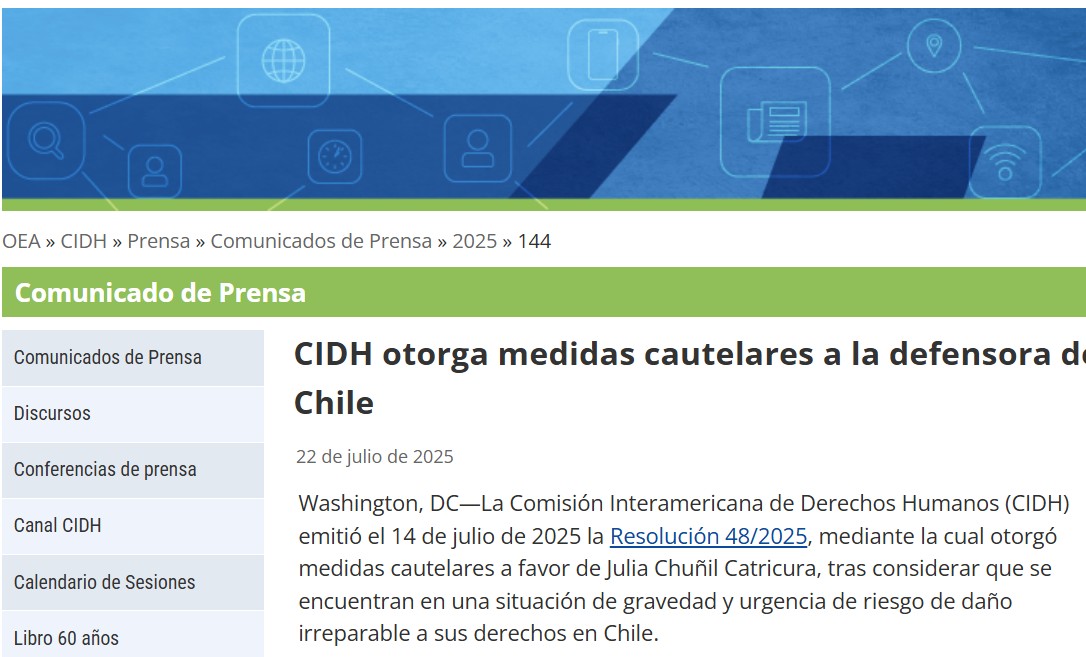 chilesintlc's tweet image. Comunicado oficial prensa de la CIDH otorgando medidas cautelares a Julia Chuñil @cect oas.org/es/CIDH/jsForm…