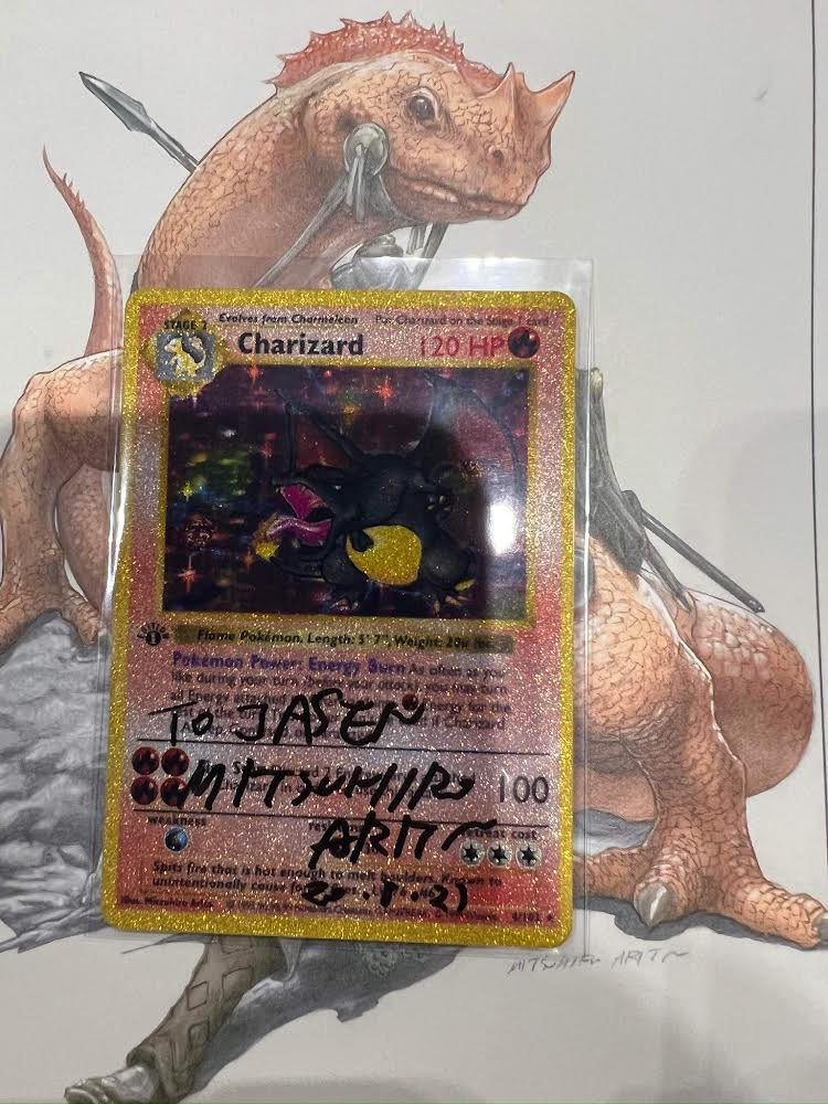 PokemonNFTS96's tweet image. Definitely my favourite custom card in my collection 🤩 Signed by Mitsuhiro Arita himself 🔥