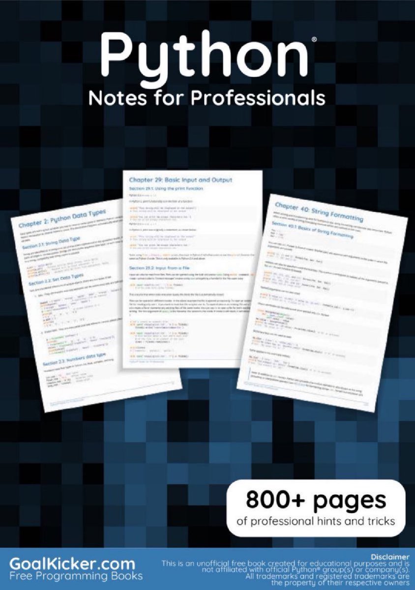 KirkDBorne's tweet image. [856-page PDF eBook] #Python Notes for Professionals, with code snippets, hints, and tricks: books.goalkicker.com/PythonBook/
————
#Coding #PyDev #Developers #DataScientist #MachineLearning #AI #DataScience #ComputationalScience #Simulation