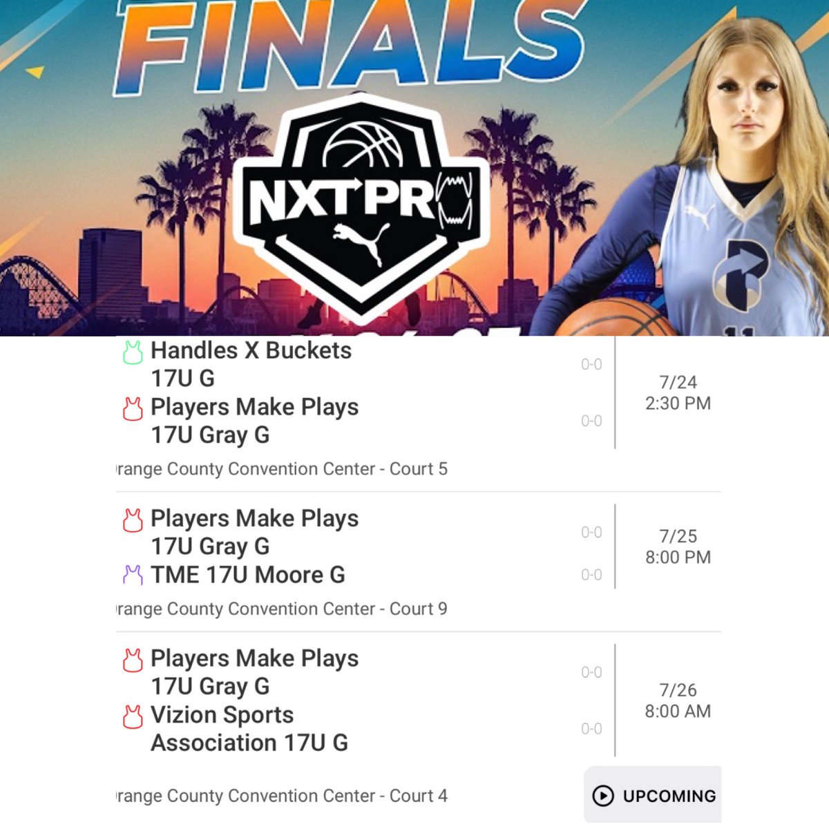 Schedule changes for <a href="/PRO16League/">PRO16/NXTPRO League</a> <a href="/PUMAHoops/">PUMA Basketball</a> Finals in Orlando, FL.  See you on Court 5 tomorrow at 2:30pm EST. <a href="/realcoachc4/">Coach C</a> <a href="/PMPGREY/">CoachC</a>