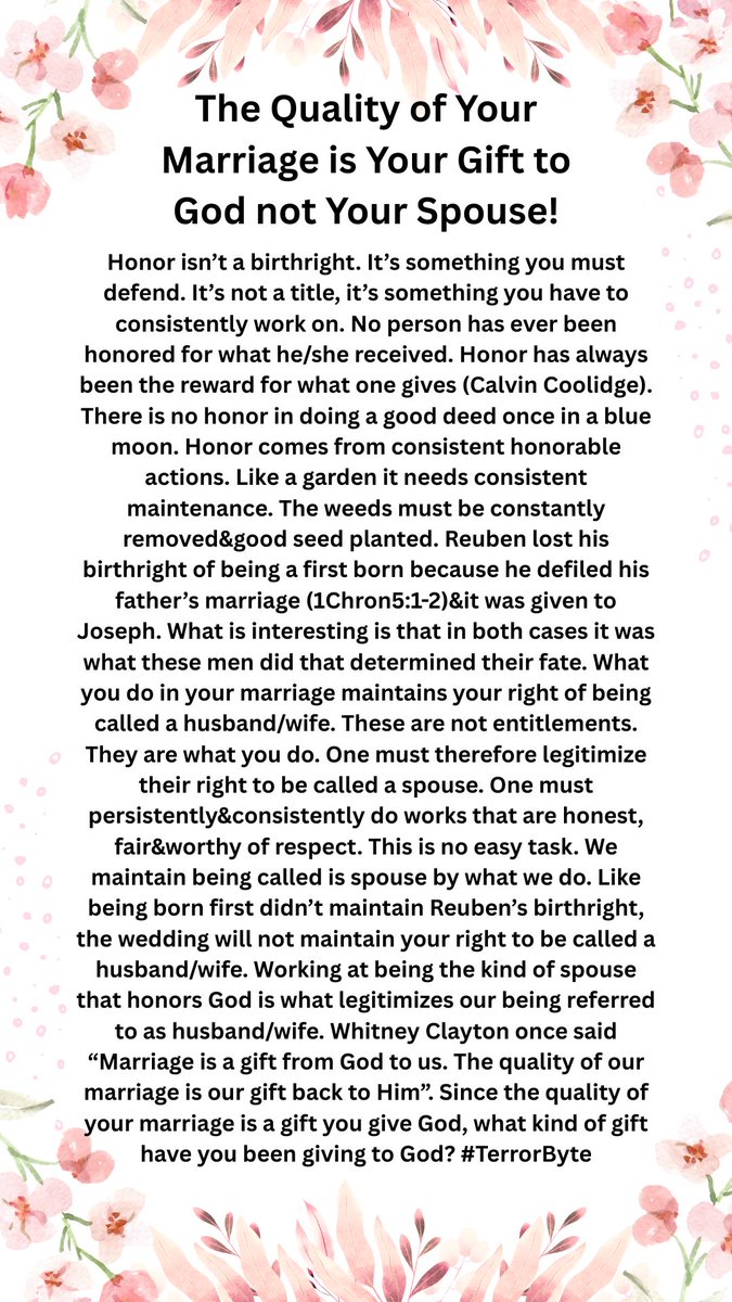 kamuteera's tweet image. “Marriage is a gift from God to us. The quality of our marriage is our gift back to Him”(Whitney Clayton). Since the quality of your marriage is a gift you give God, what kind of gift have you been giving to God? #TerrorByte