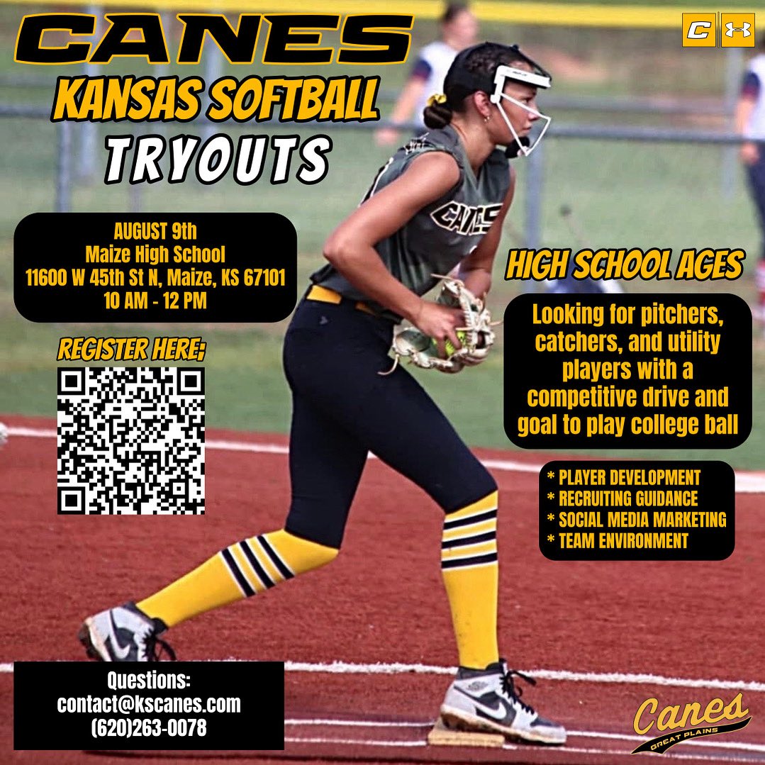 Canes_Kansas (@canes_kansas) on Twitter photo 🚨 Canes Kansas Softball Tryouts
High School Ages- Looking for competitive pitchers, catchers, and utility players.
DATE: August 9th | TIME: 10AM–12PM | LOCATION: Maize HS
📩 contact@kscanes.com
➡️ Register: caneskssb.leagueapps.com/events/4688369…
#CanesKansas #CanesSoftball #CanesWay 🚨 Canes Kansas Softball Tryouts
High School Ages- Looking for competitive pitchers, catchers, and utility players.
DATE: August 9th | TIME: 10AM–12PM | LOCATION: Maize HS
📩 contact@kscanes.com
➡️ Register: caneskssb.leagueapps.com/events/4688369…
#CanesKansas #CanesSoftball #CanesWay