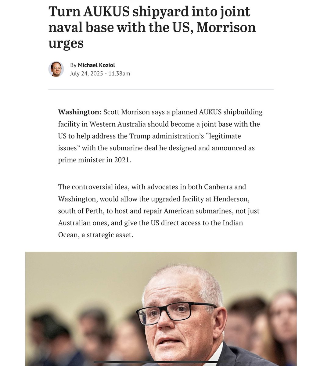LabAgainstWar's tweet image. Military industry lobbyist Scott Morrison puts it out there. AUKUS is about turning Australian facilities into US bases for Pentagon war planning. No thanks!
smh.com.au/world/north-am…