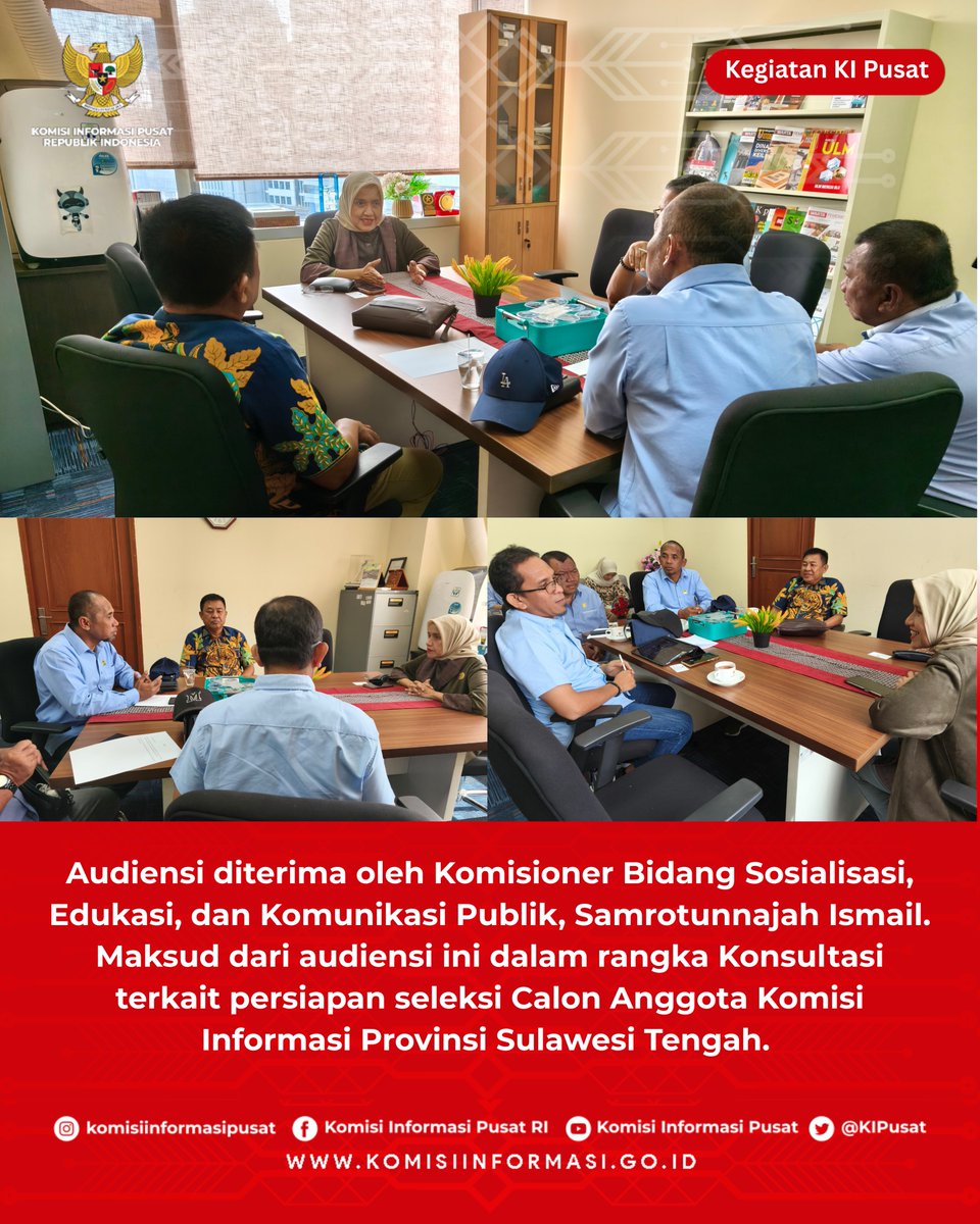 KIPusat's tweet image. Komisioner Bidang Sosialisasi, Edukasi, dan Komunikasi Publik, Samrotunnajah Ismail menerima Audiensi DPRD Provinsi Sulawesi Tengah dalam rangka Konsultasi terkait persiapan seleksi Calon Anggota KI Provinsi Sulawesi Tengah. 23/7/2025 

#Audiensi 
#DPRDSulteng 
#KIPusat