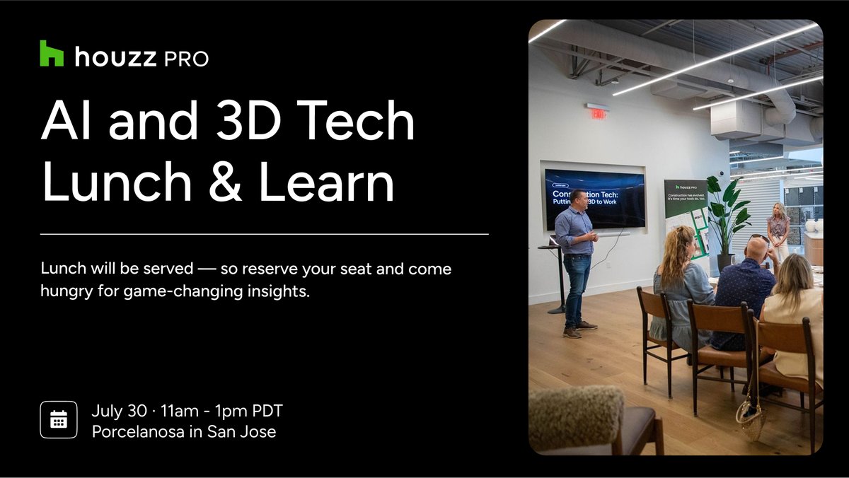 San Jose pros! Join us July 30 for an AI &amp; 3D Tech Lunch &amp; Learn 🍴

📍 PORCELANOSA San Jose | 11am–1pm PDT

You’ll learn:
• What different types of AI technologies do
• What AI can do for your business 
• And more! bit.ly/3Iz12lt