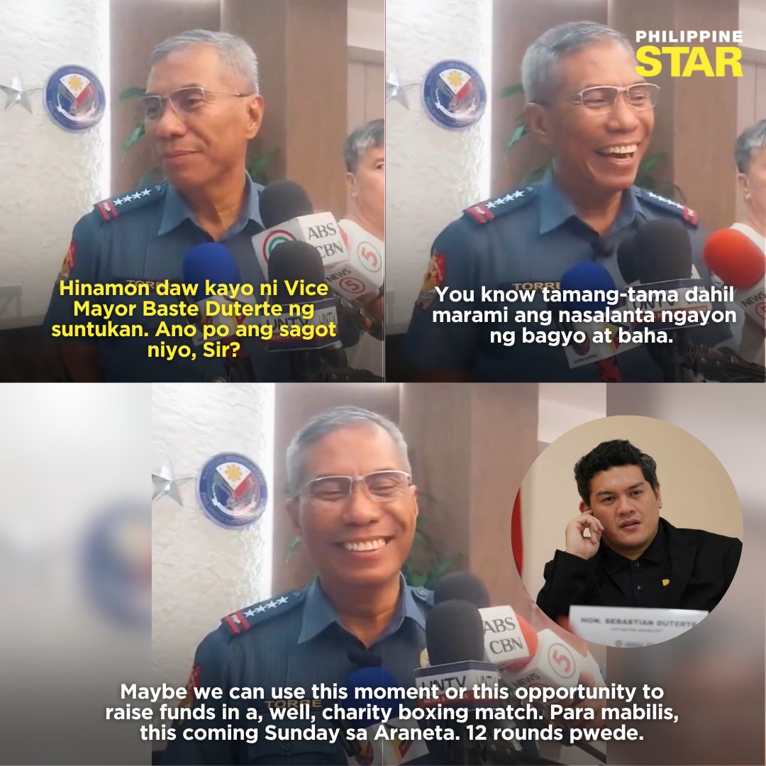 PhilippineStar's tweet image. BASTE VS TORRE FOR CHARITY BOXING MATCH? 🥊
Philippine National Police (PNP) Chief Gen. Nicolas Torre III said he’s game to a 12-round charity boxing match after acting Davao City Mayor Baste Duterte challenged him to a fistfight.
“Siguro you can find sponsors per round may…