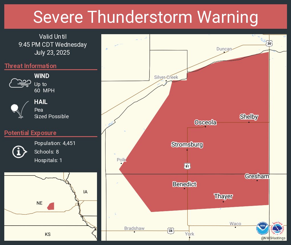 NWSHastings's tweet image. Severe Thunderstorm Warning continues for Stromsburg NE, Osceola NE and Shelby NE until 9:45 PM CDT