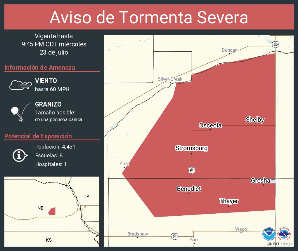 NWSHastings's tweet image. Aviso de Tormenta Severa continúa Stromsburg NE, Osceola NE, Shelby NE hasta las 9:45 PM CDT