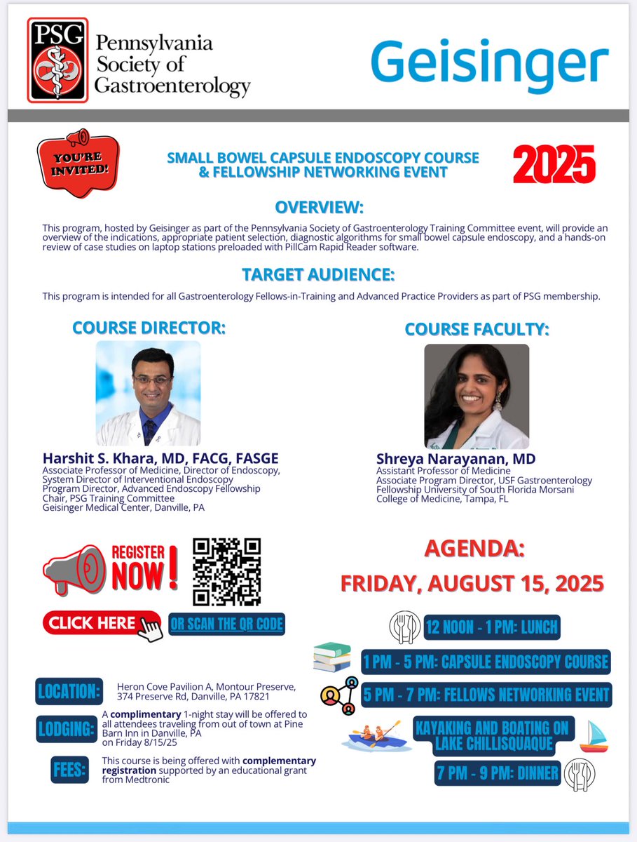 HarshitKharaMD's tweet image. Join us for @GeisingerHealth-@PaGastroSoc Capsule Endoscopy Course
🗓️August 15, 2025
📍Danville, PA
✅ Free registration, meals, & hotel stay
✅ national capsule expert Dr. Shreya Narayanan from @USFHealthMed
✅ Networking event kayaking and boating
tinyurl.com/PSGCapsule