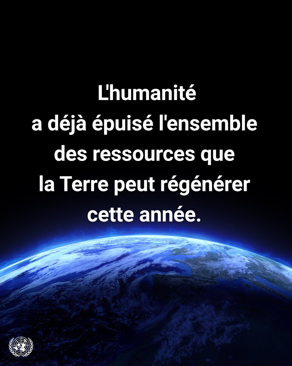 Depuis jeudi, l’humanité a épuisé plus de ressources que la Terre peut régénérer cette année.

#Agissons pour préserver notre planète en promouvant une consommation et une production durables. un.org/fr/actnow