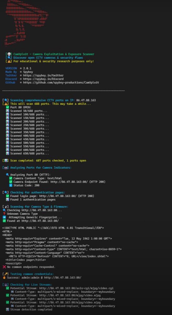 TheMsterDoctor1's tweet image. Anyone Can Access Your CCTV CAMERAS ☠️📷

CamXploit v2.0.1
Find, analyze, and check for exposed IP cameras with open ports, known vulnerabilities, and weak login credentials.

Run Online: lnkd.in/eSDdGk93

GitHub: lnkd.in/erqEsRBD

What&apos;s New in v2.0.1

Massive port…
