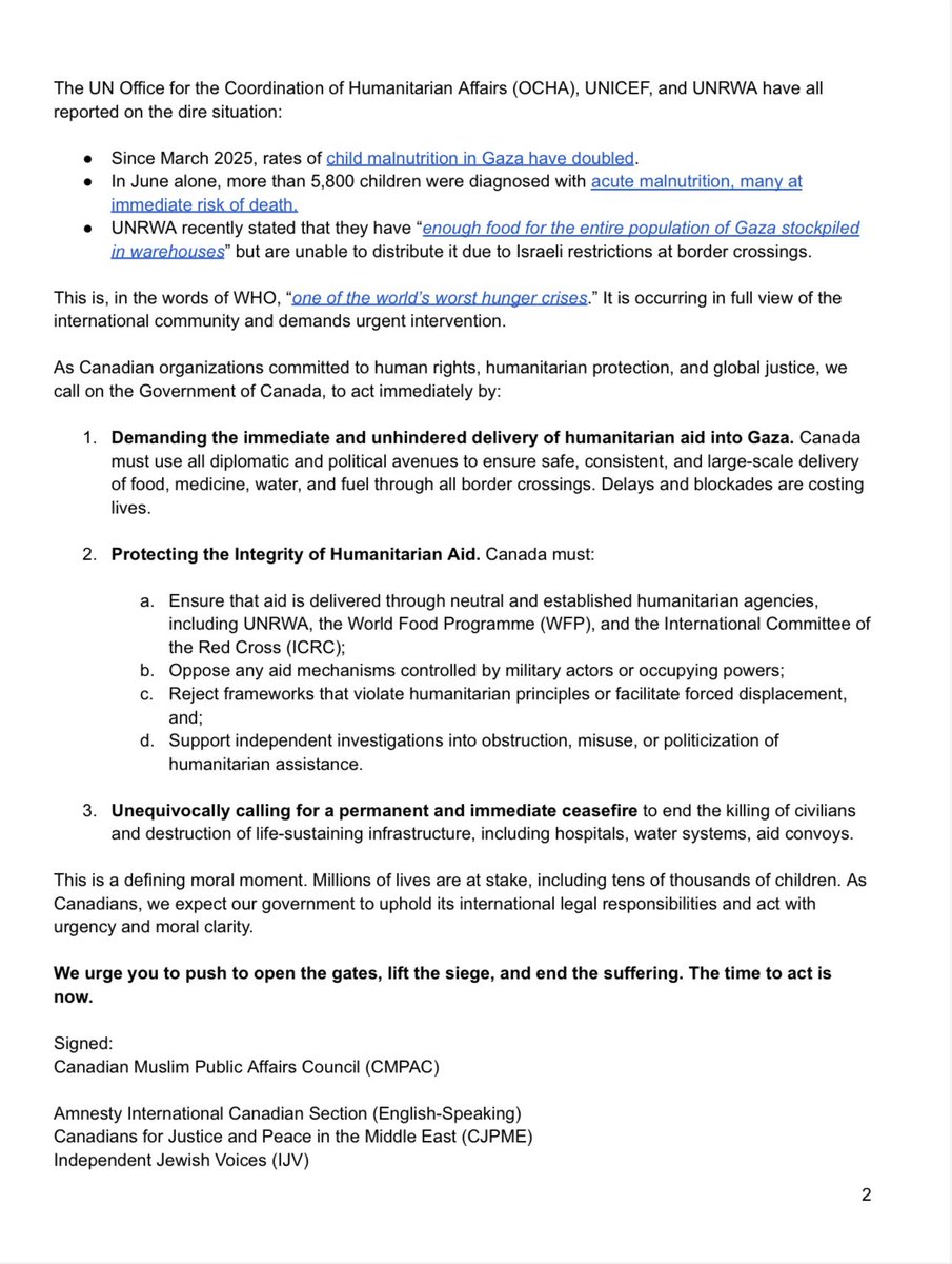 CMPAConline's tweet image. CMPAC, alongside over 45 organizations from across Canada’s humanitarian, faith-based, health, and human rights sectors, sent an urgent joint letter today to Prime Minister @MarkJCarney @CanadianPM and Foreign Affairs Minister @AnitaAnandMP. The letter calls on the Canadian…