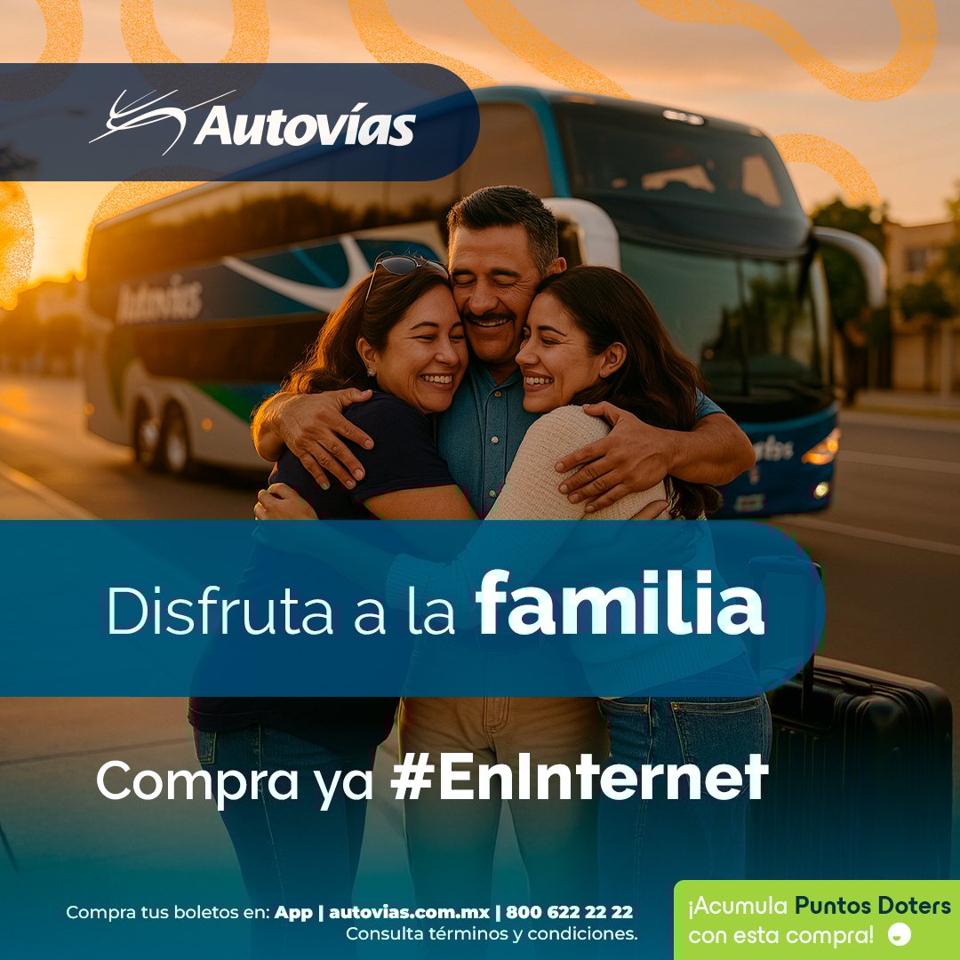 Estas vacaciones…
👨‍👩‍👧‍👦 Disfruta del tiempo en familia desde el primer kilómetro.
Compra tus boletos de autobús #EnInternet y viaja cómodamente.

📱App Autovías | 💻hubs.ly/Q03yFMsl0