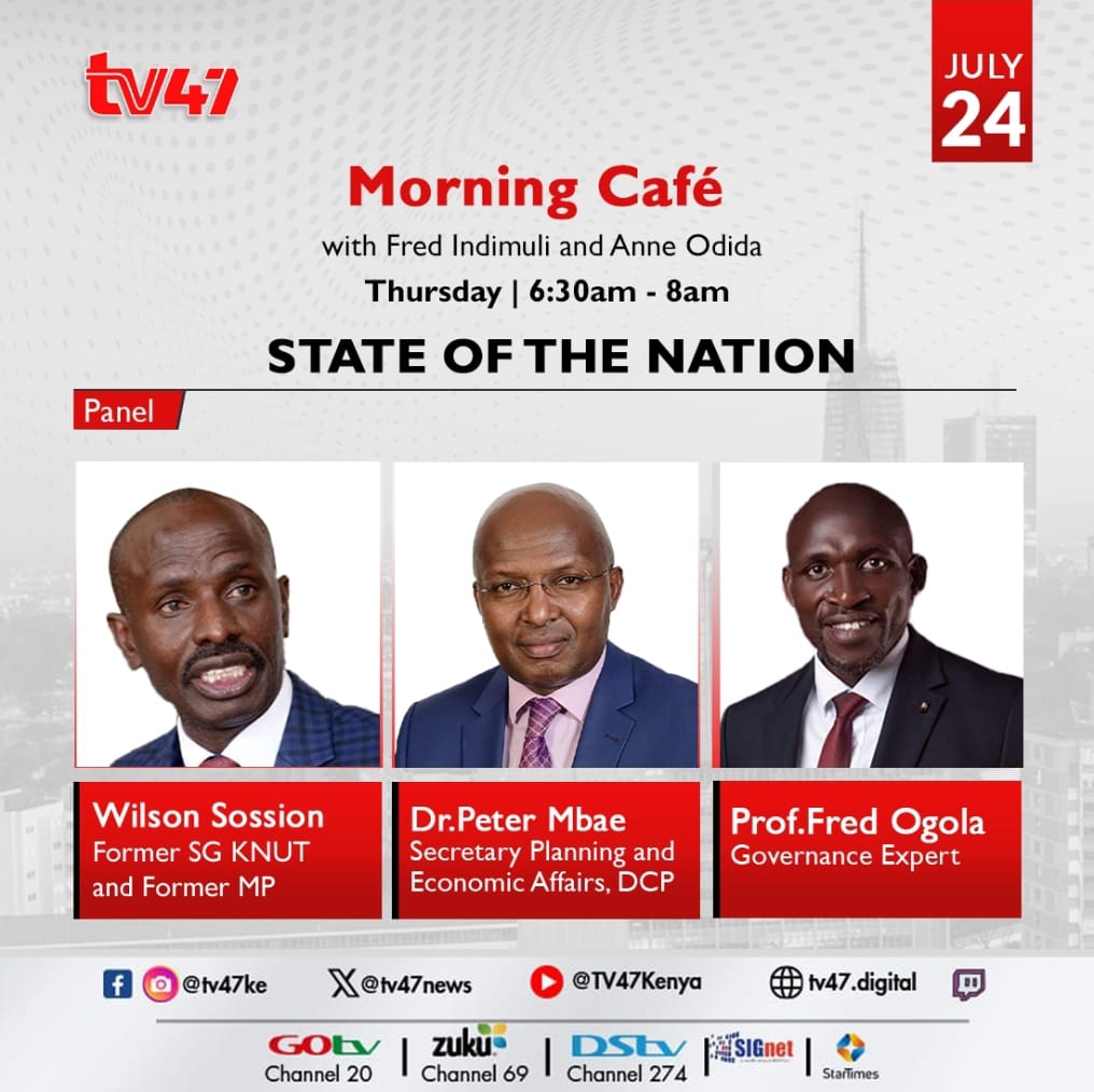 tv47ke (@tv47newske) on Twitter photo Today on #MorningCafeTV47, your fearless duo
<a href="/Fredindimuli/">Fred Indimuli</a> and <a href="/anne_odida/">ANNE ODIDA๐ฐ๐ช</a>
๐Why Raila Might Not Save Ruto This Time
๐Untouchable 'Ngayas' and the Shadow of the Presidentโs Son
๐Sifuna at a Crossroads: Railaโs Loyalist or a Party Renegade?
๐Safaricom at 25: A Corporate Giant Today on #MorningCafeTV47, your fearless duo
<a href="/Fredindimuli/">Fred Indimuli</a> and <a href="/anne_odida/">ANNE ODIDA๐ฐ๐ช</a>
๐Why Raila Might Not Save Ruto This Time
๐Untouchable 'Ngayas' and the Shadow of the Presidentโs Son
๐Sifuna at a Crossroads: Railaโs Loyalist or a Party Renegade?
๐Safaricom at 25: A Corporate Giant