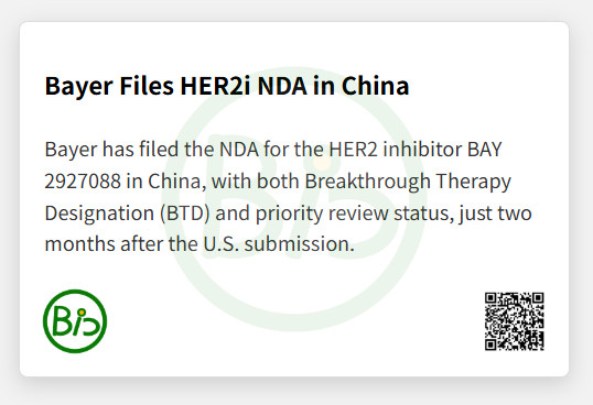 CNBioXYZ's tweet photo. Bayer Files HER2i BAY 2927088 NDA in China. #Bayer #HER2 #China https://t.co/T4EAA3HH2G