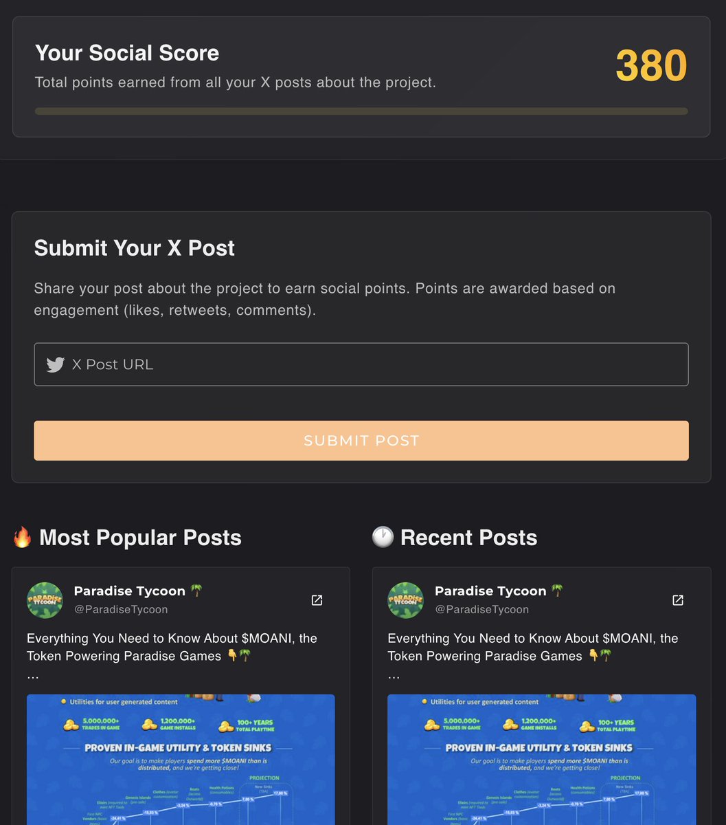 Earningsbay_'s tweet photo. 📊 Social Leaderboard is live:

How to earn $MOANI whitelist:

1️⃣ Tweet about @ParadiseTycoon 
2️⃣ Submit your post on @Earningsbay_ 
3️⃣ Watch your points grow with every like, RT & reply
4️⃣ Top scorers = Whitelist secured ✅

Paradise Tycoon page: https://t.co/Nn9u5oPJNN

Social Leaderboard: https://t.co/abj2Uma6rm