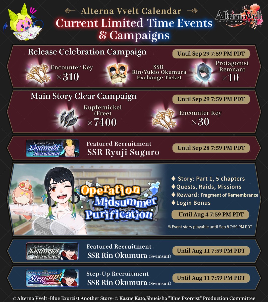 BlueEx_game's tweet image. #AlternaVvelt Calendar
Here's a schedule summarizing the in-game content so far! 📅
Start playing today to get over 500 Recruitments from all the active campaigns!
Don't forget to check the announcements for each topic! 👀
👇Download now!
bit.ly/downloadvvelt
#BlueExorcist