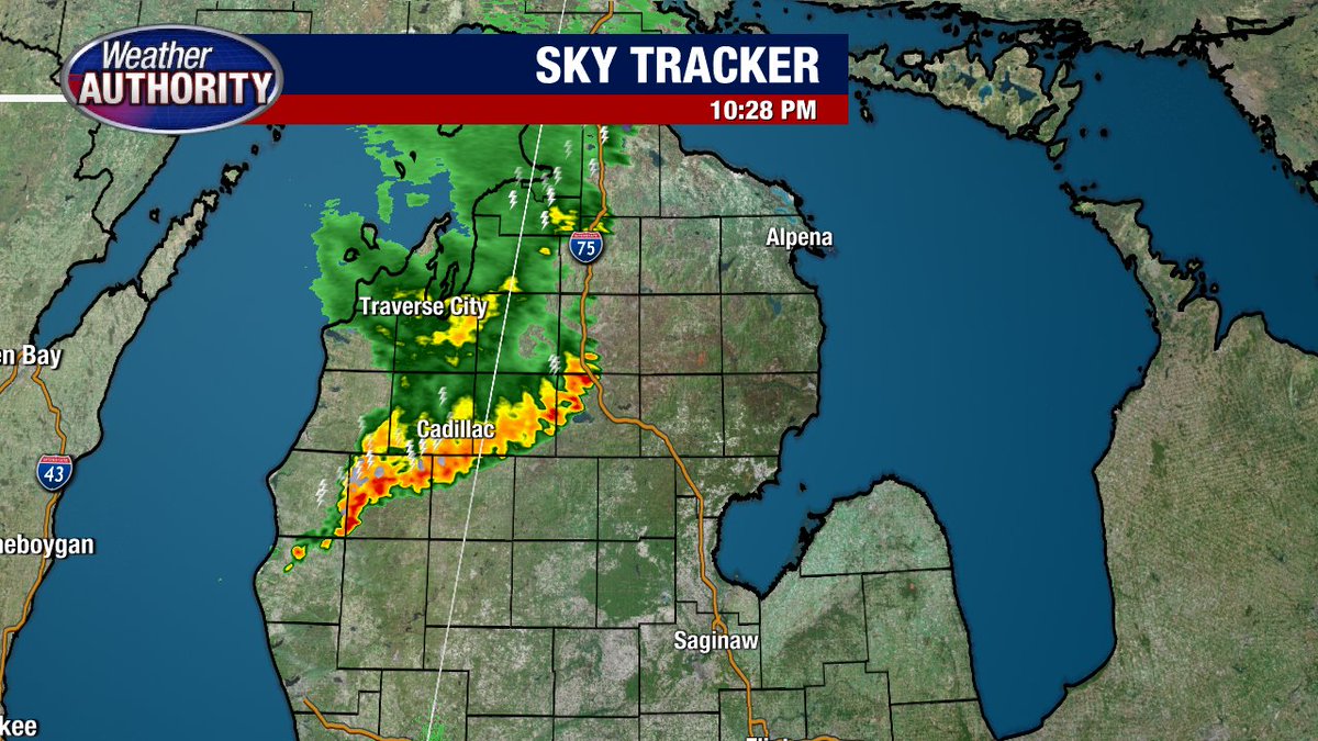 10:29 Weather Radar Update... Showers and storms are crossing parts of northern-lower Michigan near Traverse City and Cadillac.