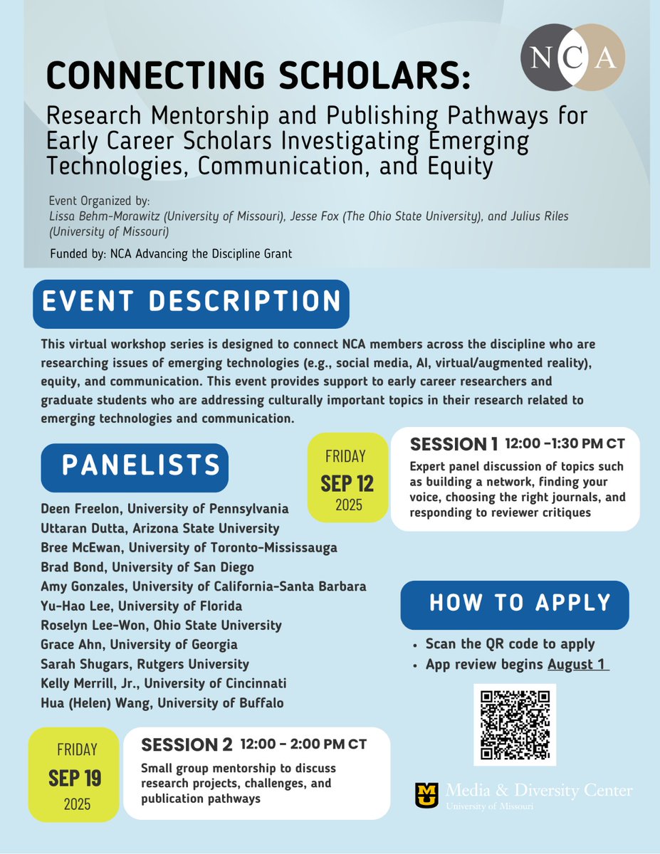 Are you an early career scholar (grad student, postdoc, or faculty) interested in emerging technology, communication, and equity? Check out this NCA mentorship opportunity in September! forms.gle/hHMK4Mx7mf3iE4…