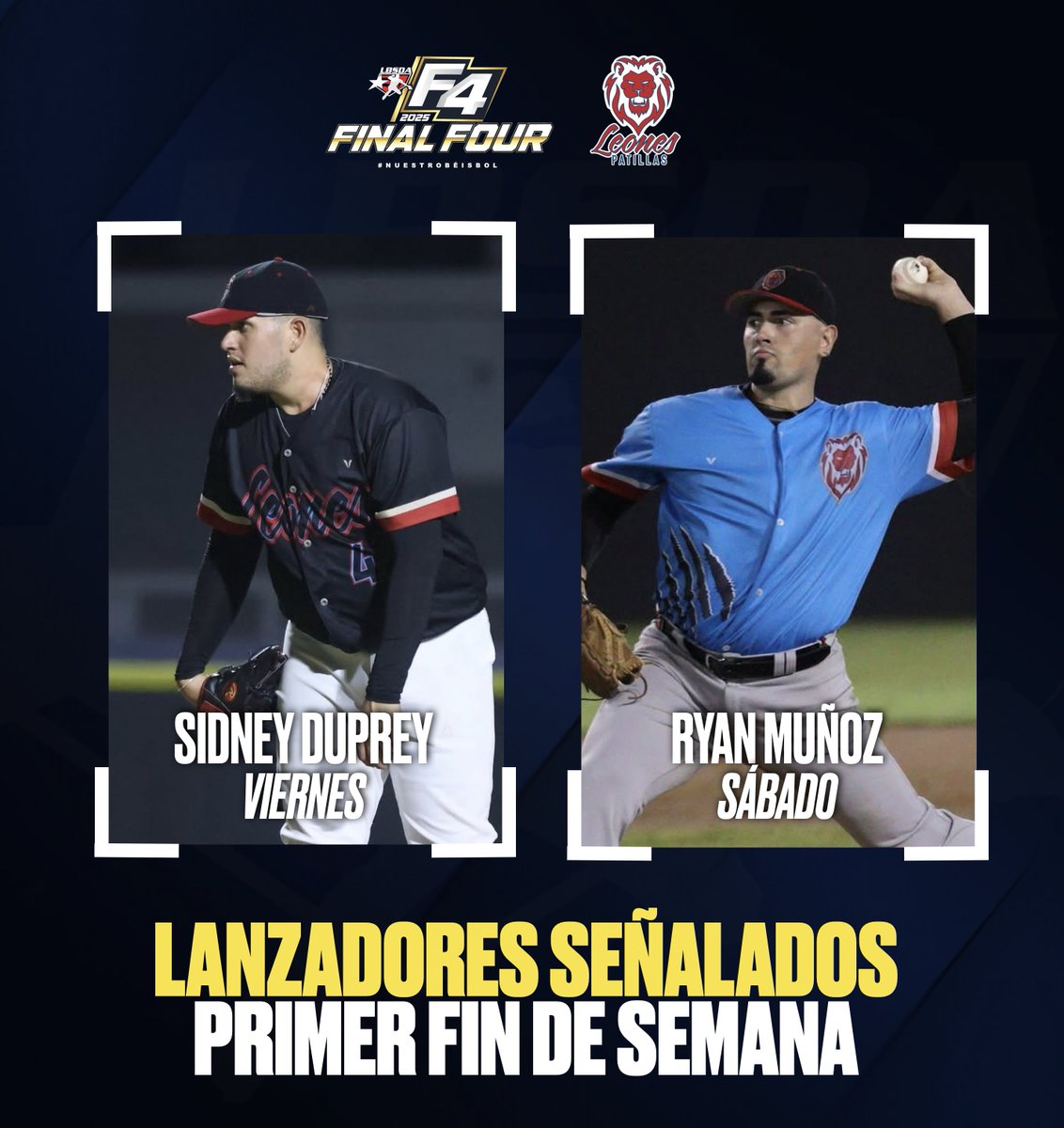BeisbolDobleA's tweet photo. Lanzadores señalados por los Leones de Patillas para el primer fin de semana del #FinalFour

🎟️ Boletos a la venta en https://t.co/QVeG0R8kDB

#LigaDobleA https://t.co/FIABYsis7h
