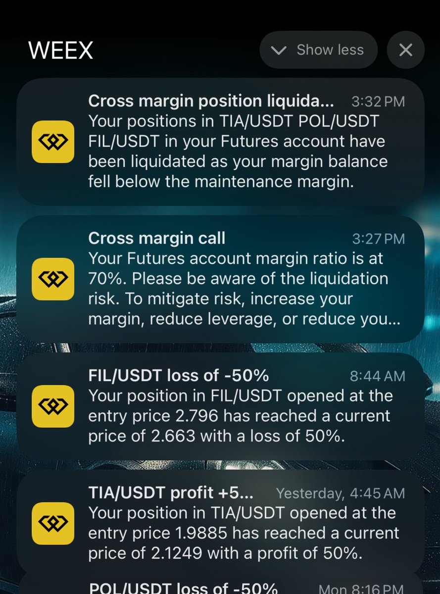 I got #Liquidated on all 3 of my first #futures positions 
Lessons Learned:
1. The more leverage the tighter the spread 
2. The more money the wider the spread 
3. leverage works within all positions  
4. The liquidation levels rise as the leverage drops 
5. Don’t Risk too much,