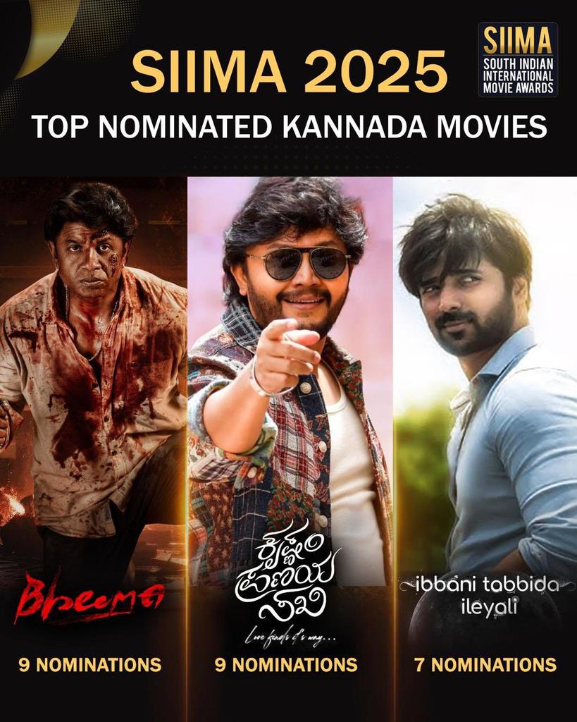 Top 3 Nominations in Kannada SIIMA 2025
#Bheema
#KrishnamPranayaSakhi
#IbbaniTabbidaIleyali