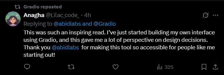 Lilac_code_'s tweet image. A quiet milestone today: my reply got reposted by @Gradio.
Learning out loud is scary, but moments like this make it worth it.
#CreativeAI #BuildInPublic #Gradio