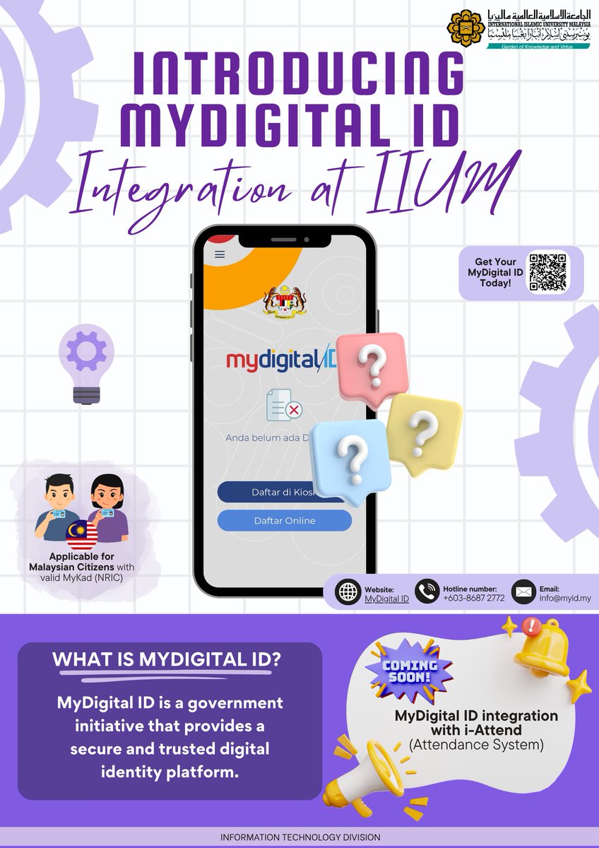 📢 Dear IIUM Community,
Starting 1 August 2025, MyDigital ID will be available as an alternative login for the i-Attend system.
✅ For Malaysians with MyKad
🔒 CAS SSO remains the primary login
ℹ️ Register early at digital-id.my

#IIUM #DigitalID #iAttend #CyberSecurity