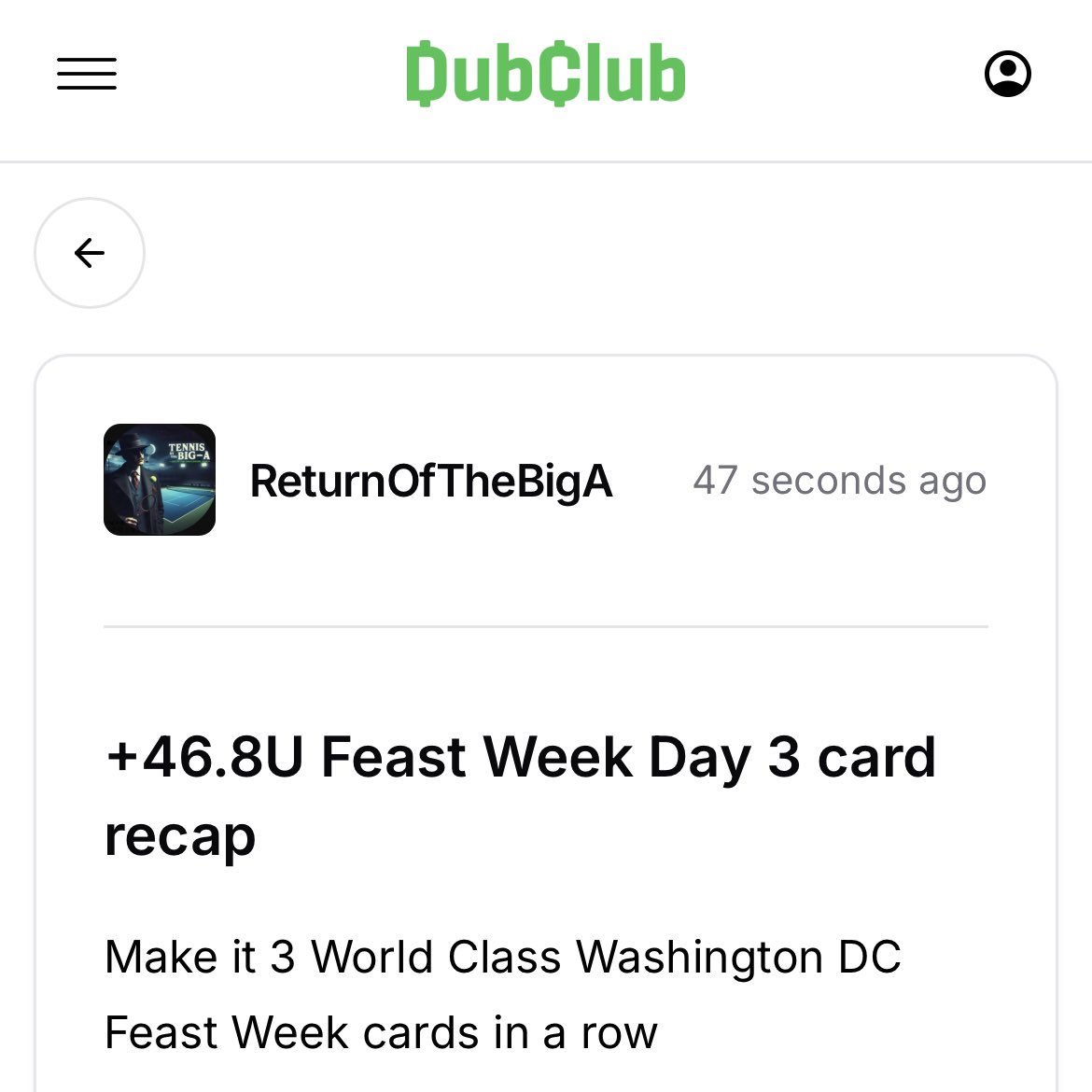 ReturnOfTheBigA's tweet image. Tiafoe gets it done to finish day 3 of Feast Week at the DC Open +46.8U 💰 💰
That’s 3 World Class cards in a row 🫡
Monday 7/21 +55U
Tuesday 7/22 +25.6U
Wednesday 7/23 +46.8U
Let’s go again tomorrow, there’s so much more $$ to be made 🎾
ITS A BAD WEEK TO BE A SPORTSBOOK…