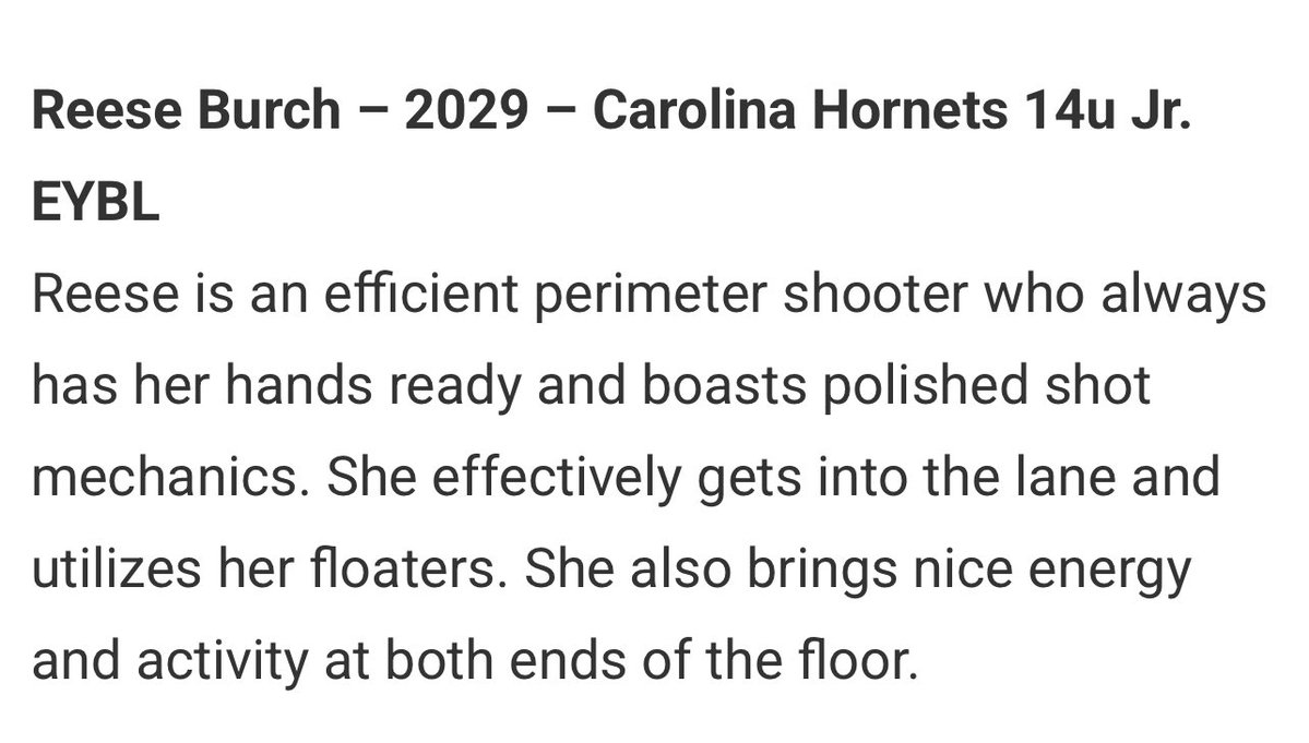 Carolina Hornets United (@unitedhornets) on Twitter photo One of the best pure shooters in NC’s 2029 class — <a href="/ReeseBurch2029/">Reese Burch #12 🏀</a> gets it done from deep and in the lane. The future is bright. 💛🖤
Thank you <a href="/JrAllStarBB/">Jr. All-Star Girls Basketball</a> for the recognition from Jr. EYBL Nike Nationals. One of the best pure shooters in NC’s 2029 class — <a href="/ReeseBurch2029/">Reese Burch #12 🏀</a> gets it done from deep and in the lane. The future is bright. 💛🖤
Thank you <a href="/JrAllStarBB/">Jr. All-Star Girls Basketball</a> for the recognition from Jr. EYBL Nike Nationals.