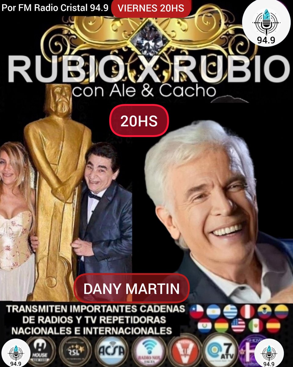Alejandra Rubio (@alerubio_) on Twitter photo #IMPERDIBLE
Este VIERNES 20HS
🔴 <a href="/DANYMARTINOK/">DANY MARTIN</a> en
#RUBIOxRUBIO con
<a href="/CachoRubio_/">Cacho Rubio</a> y <a href="/ALERUBIO_/">Alejandra Rubio</a> x
<a href="/fm_radiocristal/">Radio Cristal</a>
fmradiocristal.com.ar
Canales, Multimedios y Cadenas de Radios Nacionales e Internacionales <a href="/contenidostvra/">Contenidostv</a> #RSLInternacional p/ todo EEUU y 50 países del mundo #IMPERDIBLE
Este VIERNES 20HS
🔴 <a href="/DANYMARTINOK/">DANY MARTIN</a> en
#RUBIOxRUBIO con
<a href="/CachoRubio_/">Cacho Rubio</a> y <a href="/ALERUBIO_/">Alejandra Rubio</a> x
<a href="/fm_radiocristal/">Radio Cristal</a>
fmradiocristal.com.ar
Canales, Multimedios y Cadenas de Radios Nacionales e Internacionales <a href="/contenidostvra/">Contenidostv</a> #RSLInternacional p/ todo EEUU y 50 países del mundo