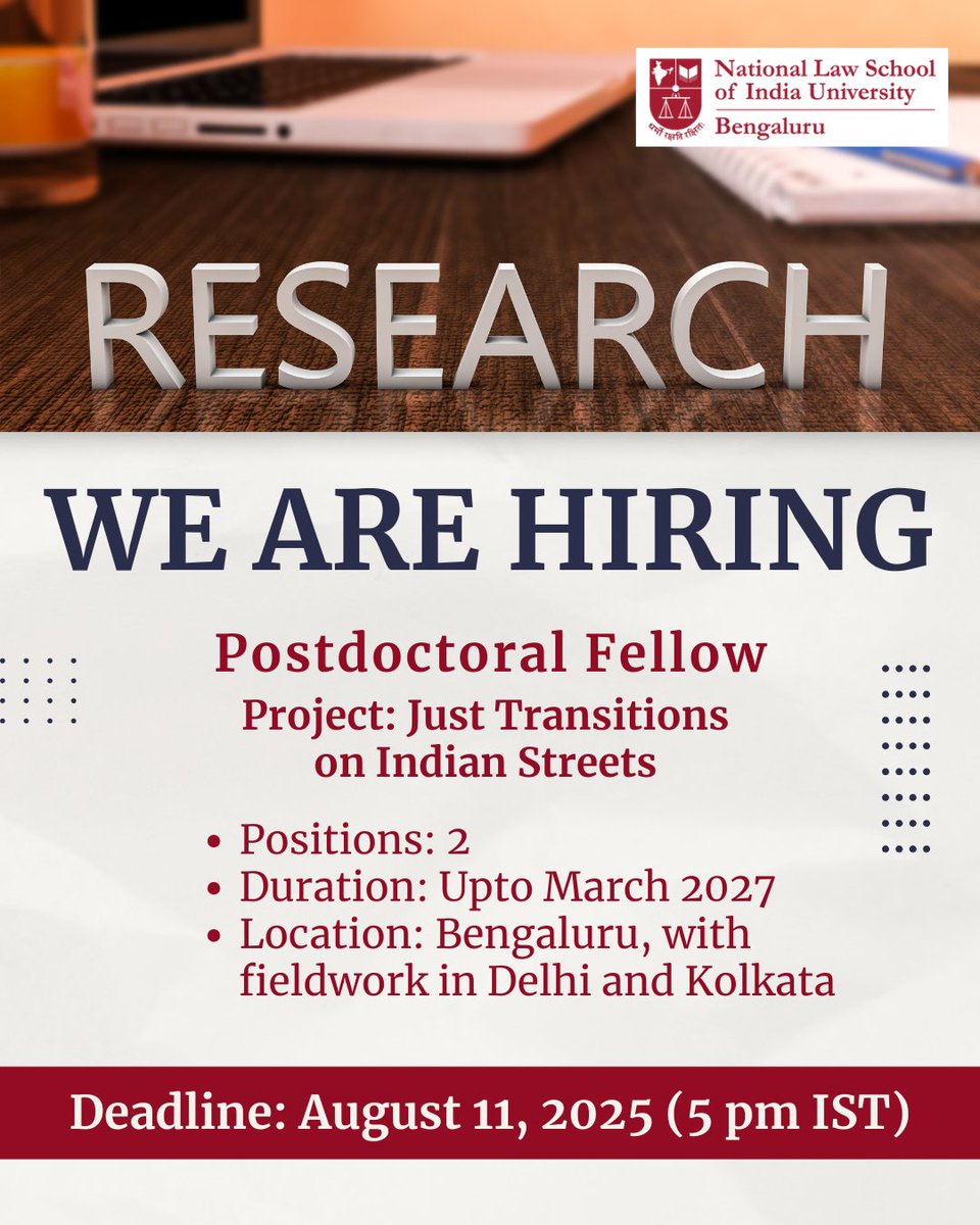 NLSIUofficial's tweet image. #Vacancy | NLSIU invites applications for:
Job Title: Postdoctoral Fellow
Project: Just Transitions on Indian Streets project
Positions: 2
Duration: Upto March 2027
Application Deadline: August 11, 2025 (5pm IST)
Learn more and apply: nls.ac.in/news-events/ca…
@onneshaghosh…