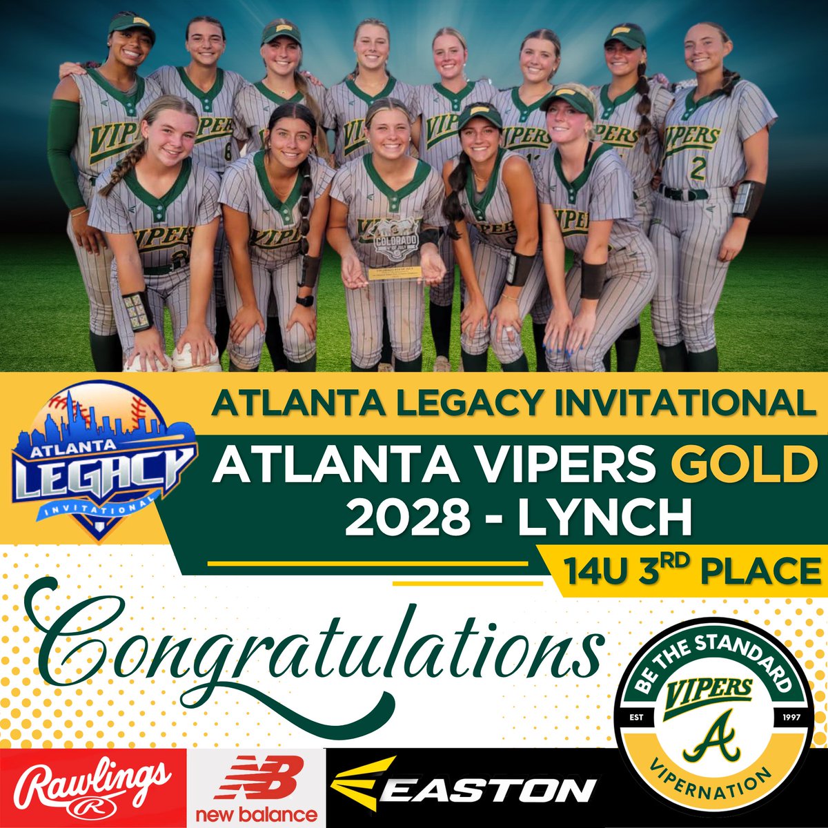Congrats to Atlanta Vipers Gold–Lynch on a huge 3rd place finish at the Atlanta Legacy Invitational! This squad has been on fire all season &amp; continues to rise.

Next stop: California, where they’ll chase a PGF National Championship!
<a href="/ExtraInningSB/">EXTRA INNING SOFTBALL</a> <a href="/LineDsoftball/">Line Drive Media</a> <a href="/AtlVipersGold10/">Atlanta Vipers Gold - Lynch 28/29</a>