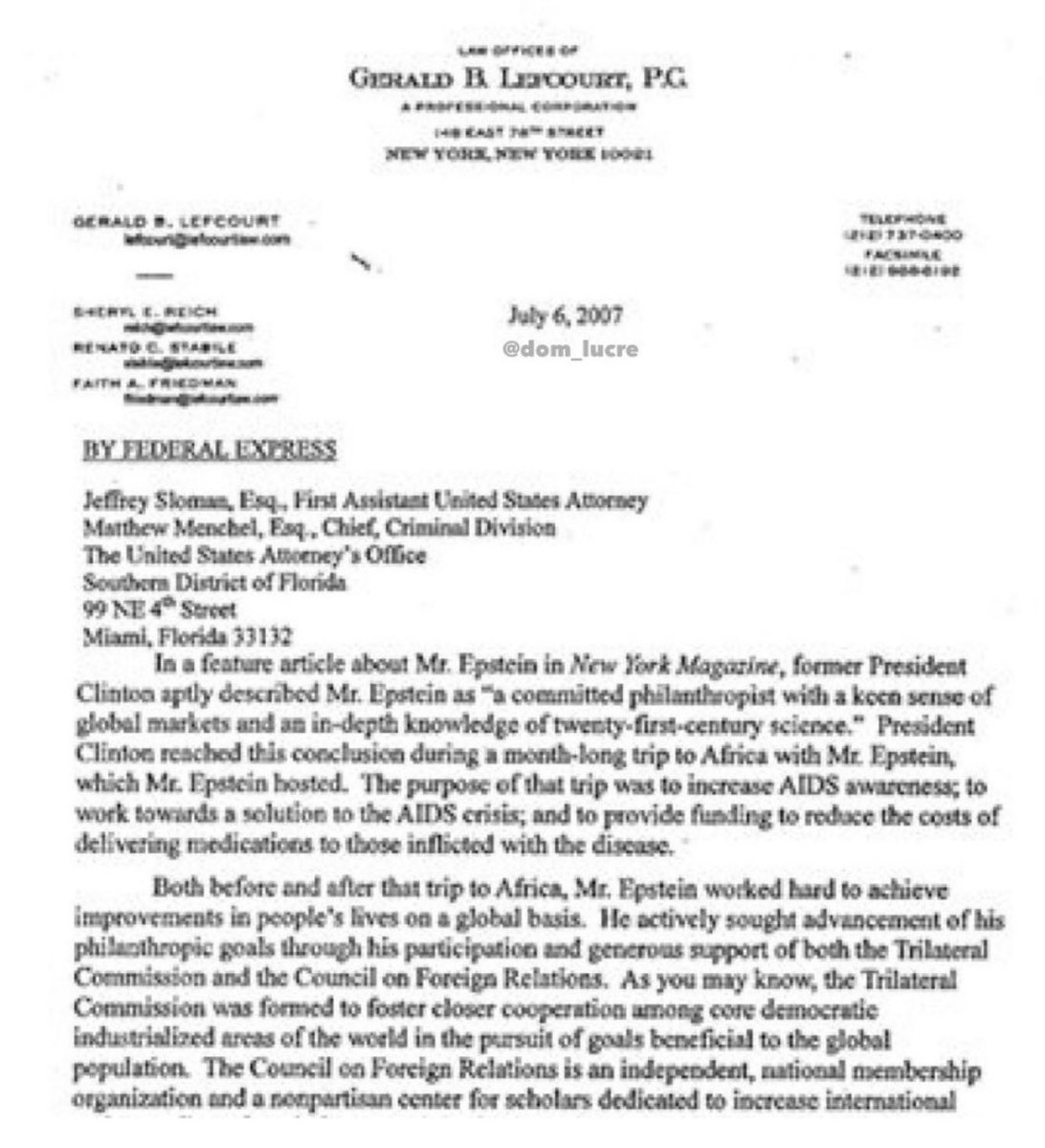 KaceeRAllen's tweet image. On July 6, 2007, a 23-page letter from Jeffrey Epstein's attorneys, Alan Dershowitz and Gerald Lefcourt, claimed that Epstein co-founded the Clinton Global Initiative, later known as the Clinton Foundation.
The letter was part of a successful plea deal before Epstein faced…