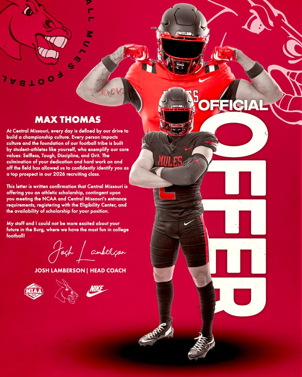 Max Thomas 4.5 ⭐️ (@maxthomaskick) on Twitter photo Beyond blessed to have received a scholarship offer to play at the next level with <a href="/UCMFootballTeam/">Mules Football</a>!!! Huge thanks to <a href="/coach_brink/">Brinkley Beever</a>, <a href="/CoachNovak_/">Coach Neil Novak</a> , and <a href="/JoshLamberson/">Coach Lambo</a> for this opportunity! #UCM #MULES
<a href="/SMAGuardianFB/">SMA Football</a> <a href="/SMAActivities/">SMA Activities</a> <a href="/CoachKever/">Coach Kever</a> <a href="/UCMMULES/">UCM Mules & Jennies</a> <a href="/KohlsKicking/">Kohl's Kicking Camps</a> Beyond blessed to have received a scholarship offer to play at the next level with <a href="/UCMFootballTeam/">Mules Football</a>!!! Huge thanks to <a href="/coach_brink/">Brinkley Beever</a>, <a href="/CoachNovak_/">Coach Neil Novak</a> , and <a href="/JoshLamberson/">Coach Lambo</a> for this opportunity! #UCM #MULES
<a href="/SMAGuardianFB/">SMA Football</a> <a href="/SMAActivities/">SMA Activities</a> <a href="/CoachKever/">Coach Kever</a> <a href="/UCMMULES/">UCM Mules & Jennies</a> <a href="/KohlsKicking/">Kohl's Kicking Camps</a>
