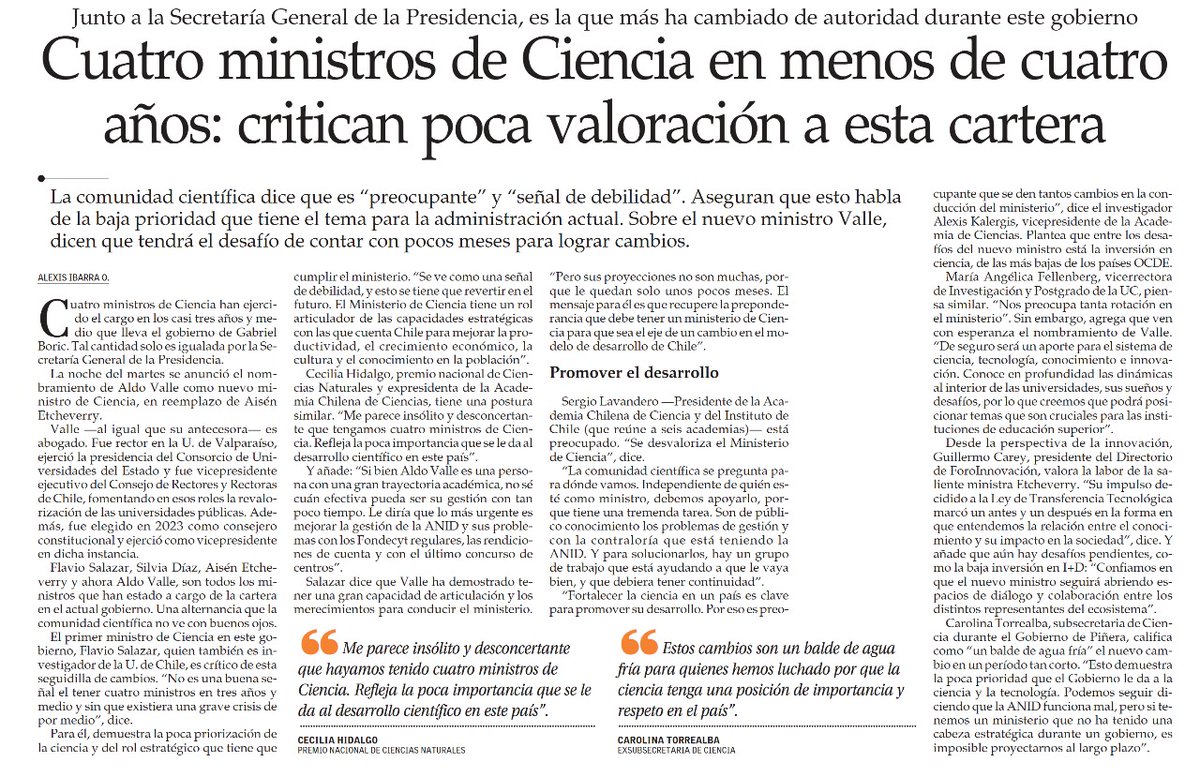 Los invito a leer las opiniones de distintos científicos en @emol respecto al reciente cambio en el Ministerio de Ciencia.  Destacan las palabras: escasa valoración de este Ministerio, preocupación. señal de debilidad y baja prioridad de la ciencia.