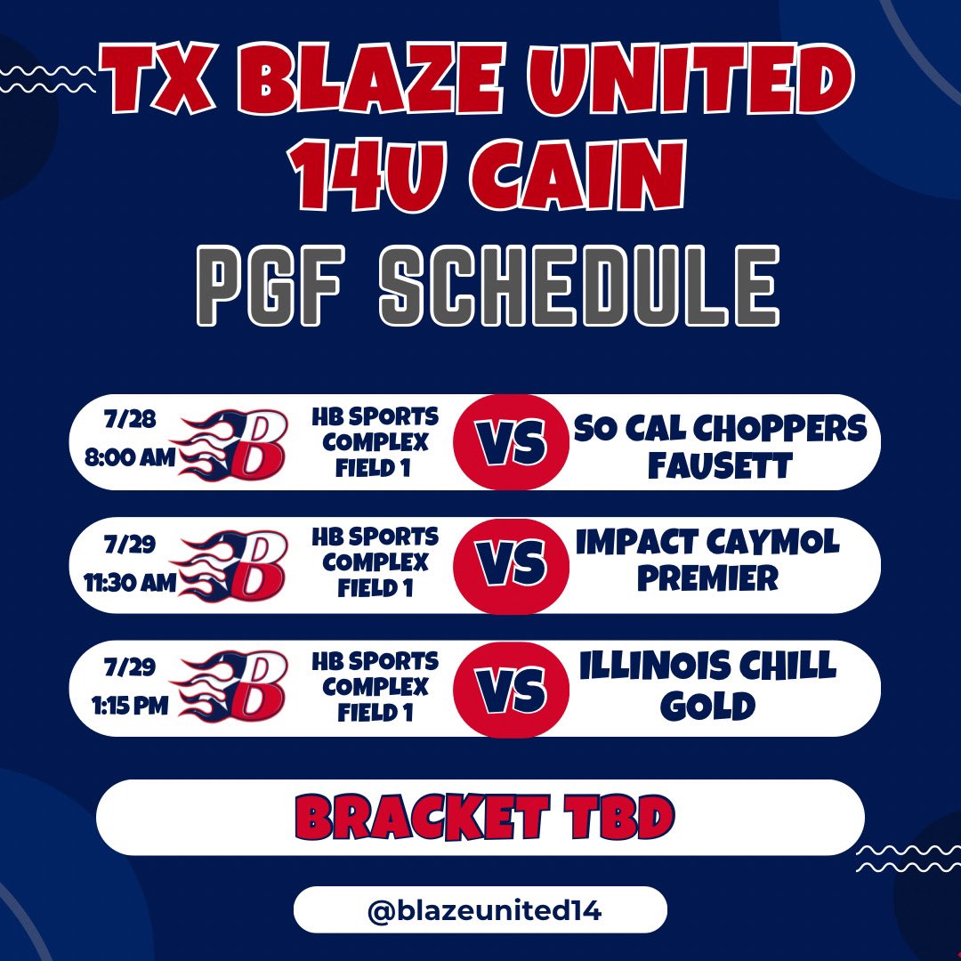 Cali is calling our name!! 🔥 
Catch us in action at HB Sports Complex Field 1:

📅 7/28 | 8:00 AM – vs So Cal Choppers Fausett
📅 7/29 | 11:30 AM – vs Impact Caymol Premier
📅 7/29 | 1:15 PM – vs Illinois Chill Gold

🏆 Bracket TBD – Stay tuned!
📲 Follow for updates: