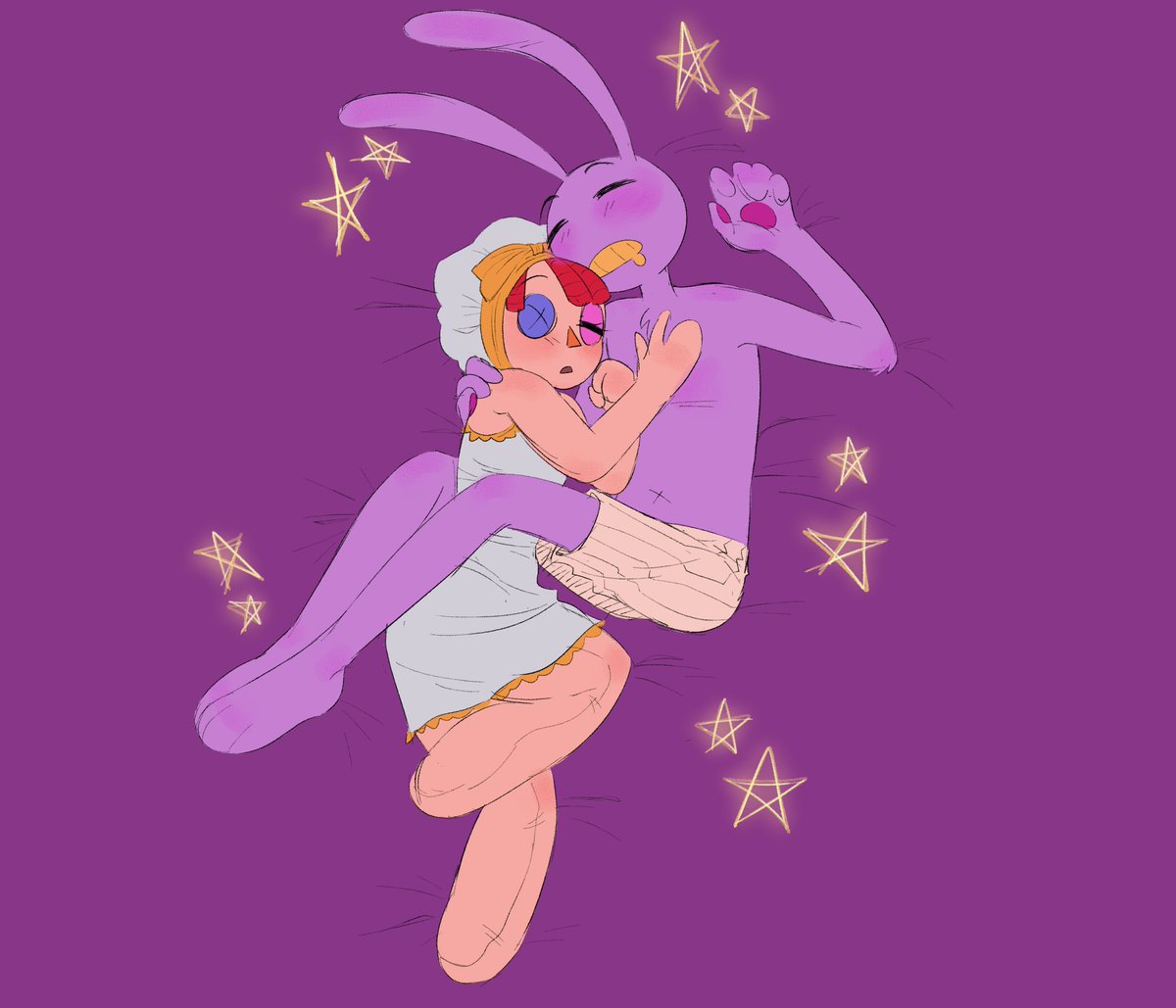 elast1cbead's tweet image. for bedtime i headcanon ragatha to wear cute silky nightgowns, with a matching bonnet perhaps, meanwhile jax would probably be content with a pair of baggy shorts or smth,, yea, heh ',:J🧠🔥
#bunnydoll