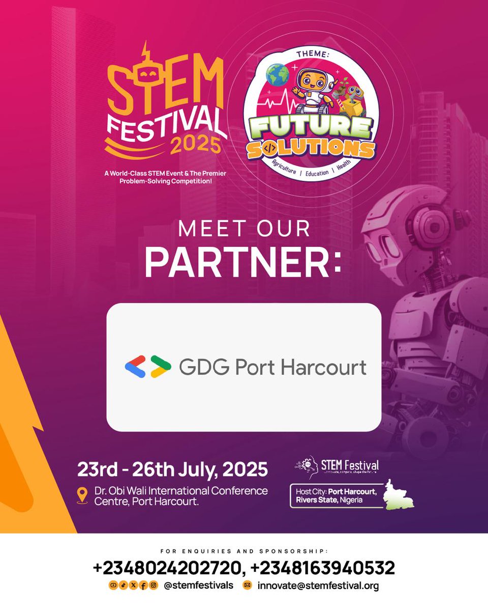 We’re excited to announce that GDG Port Harcourt is officially partnering with <a href="/stemfestivals/">STEM Festival</a> 2025!

Don’t miss out, register now to be part of the movement:
👉 stemfestivalng.com/register

#GDGPortHarcourt #STEMFestival2025