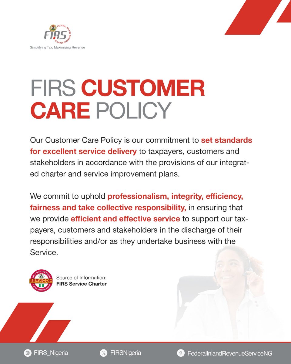 Lateef Aremu (@alfayalayala) on Twitter photo Federal Inland Revenue Service (<a href="/FIRSNigeria/">Federal Inland Revenue Service NG</a>)Customer Care Policy 🗒️
#SimplifyingTaxMaximizingRevenue Federal Inland Revenue Service (<a href="/FIRSNigeria/">Federal Inland Revenue Service NG</a>)Customer Care Policy 🗒️
#SimplifyingTaxMaximizingRevenue