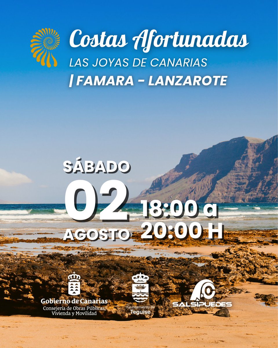 🌊 Vuelve Costas Afortunadas, el proyecto de esta consejería para revalorizar nuestros núcleos costeros en Canarias y poner en valor a su gente.

📍 La próxima cita será en la isla de Lanzarote, el sábado 2 de agosto.

🎭 Cultura, identidad y compromiso con nuestro litoral.