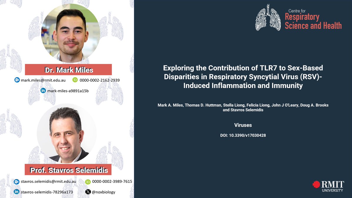 Centre for Respiratory Science and Health (@rmit_crsh) on Twitter photo #ResearchSpotlight: New research led by <a href="/DrMark91/">Mark</a> and <a href="/noxbiology/">Prof Stavros Selemidis</a> from <a href="/OXIBgroup/">Oxidant and Inflammation Biology group</a> reveals TLR7 helps drive stronger immune responses to RSV infection in females, including higher cytokine and antibody levels.
mdpi.com/1999-4915/17/3… #ResearchSpotlight: New research led by <a href="/DrMark91/">Mark</a> and <a href="/noxbiology/">Prof Stavros Selemidis</a> from <a href="/OXIBgroup/">Oxidant and Inflammation Biology group</a> reveals TLR7 helps drive stronger immune responses to RSV infection in females, including higher cytokine and antibody levels.
mdpi.com/1999-4915/17/3…