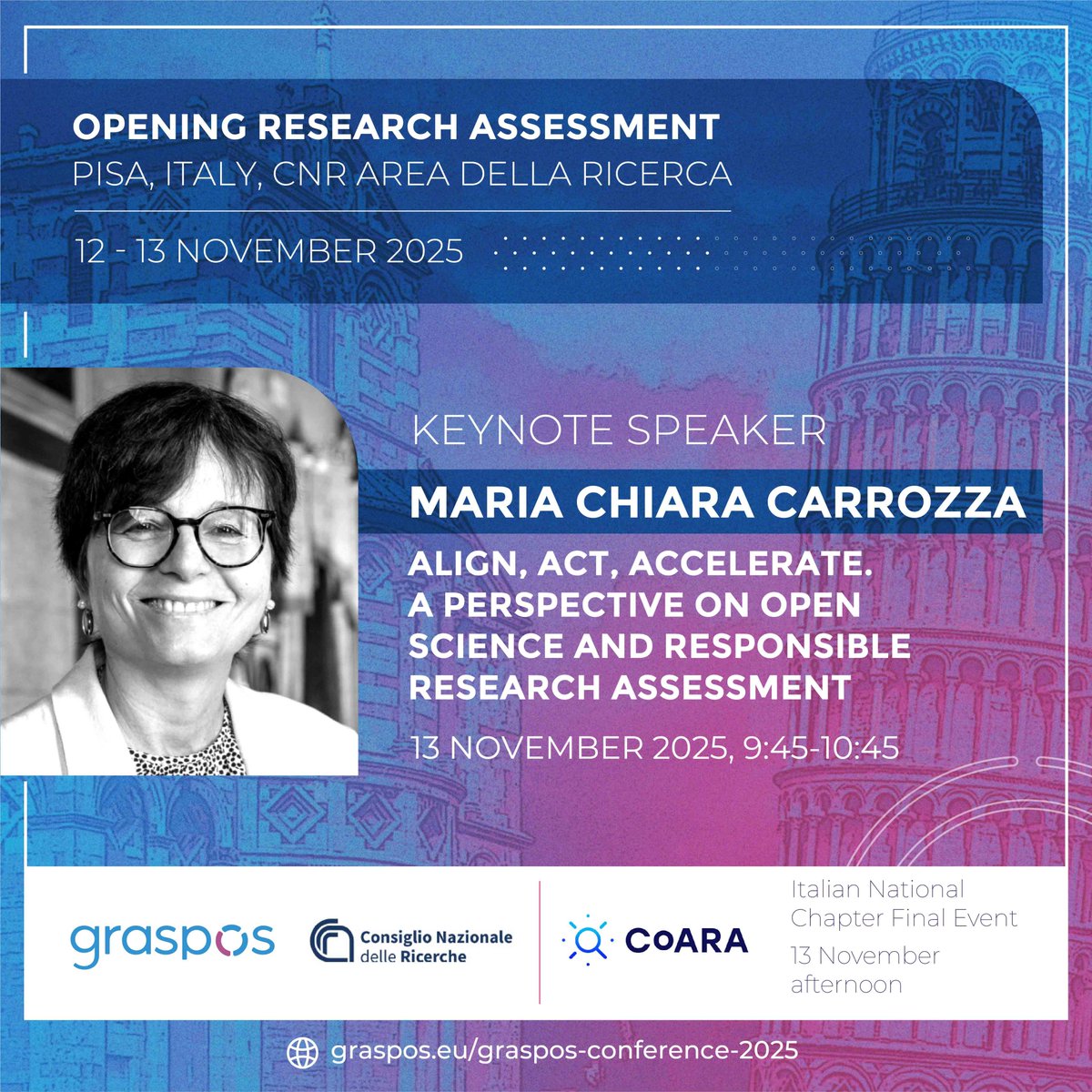 GraspOS_project's tweet image. ✨ Keynote announcement!
We’re excited to announce that Maria Chiara Carrozza @MC_Carro (@unimib, & former President of @CNRsocial_) will deliver the keynote: Align, Act, Accelerate. A perspective on Open Science and Responsible Research Assessment.
🔗 graspos.eu/graspos-confer…