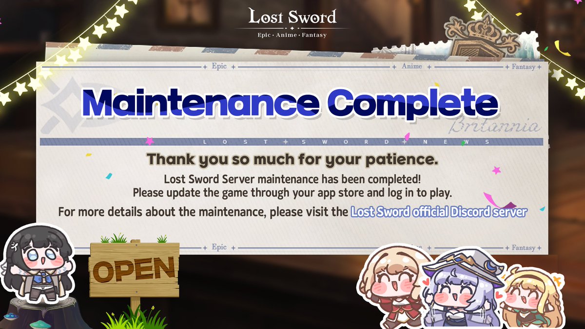 lostsword_en's tweet image. #LostSword emergency Maintenance Complete ⚙
🙇♀️Server emergency maintenance on July 24 (UTC+9) is now complete!
🎁 Compensation:
✧ 2000 Diamonds
✧ 10 Pickup Character Summon Tickets
* You can claim your compensation from the in-game mailbox until Wednesday, July 30, 11:59 PM…