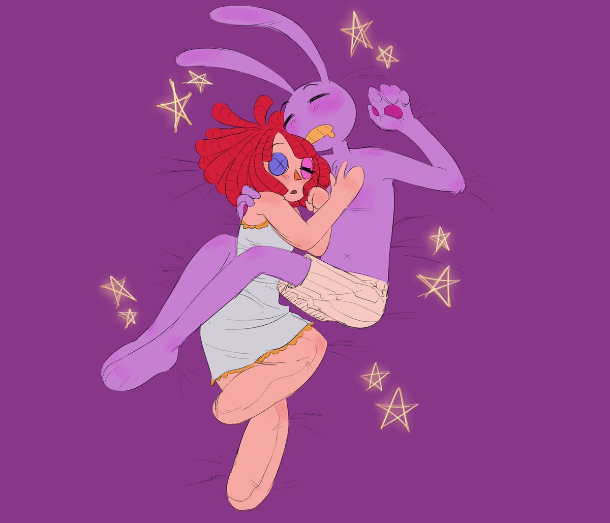 elast1cbead's tweet image. for bedtime i headcanon ragatha to wear cute silky nightgowns, with a matching bonnet perhaps, meanwhile jax would probably be content with a pair of baggy shorts or smth,, yea, heh ',:J🧠🔥
#bunnydoll