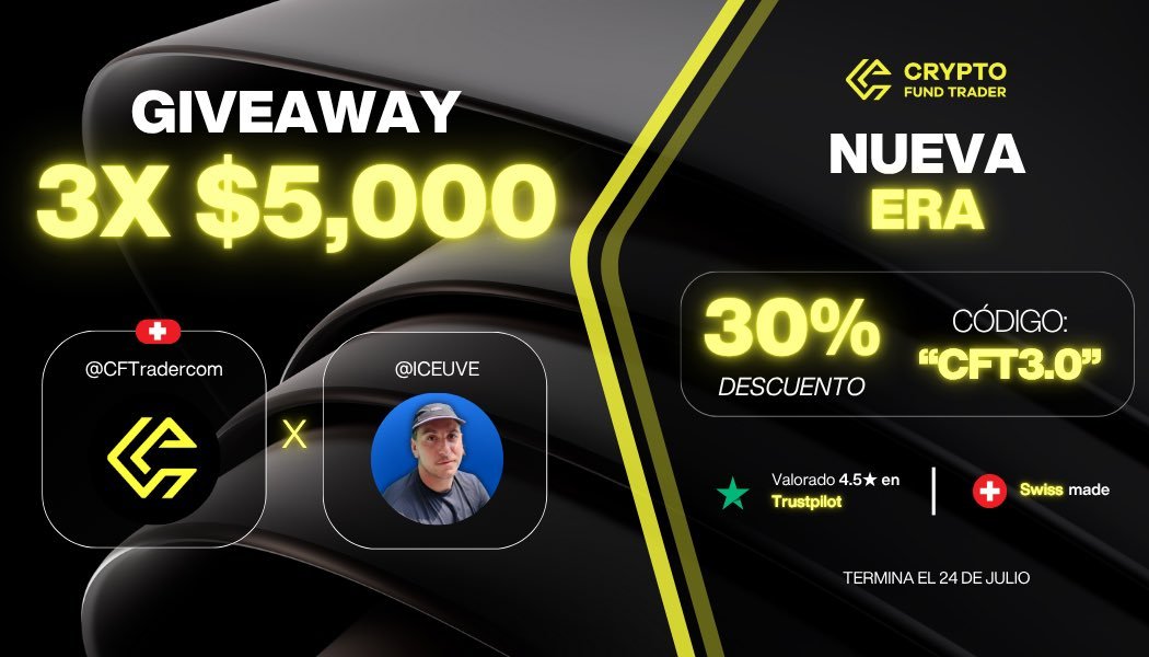iceuve's tweet image. ¡REGALO 3 CUENTAS DE 5000$!
Requisitos:
→ Seguir @CFTradercom, @CFTradercomES, @iceuve
→ RT + Like
Hoy se termina el 30% de descuento con el código 'CFT3.0', así que aprovechad 👏
¡Mucha suerte a todos! 🍀