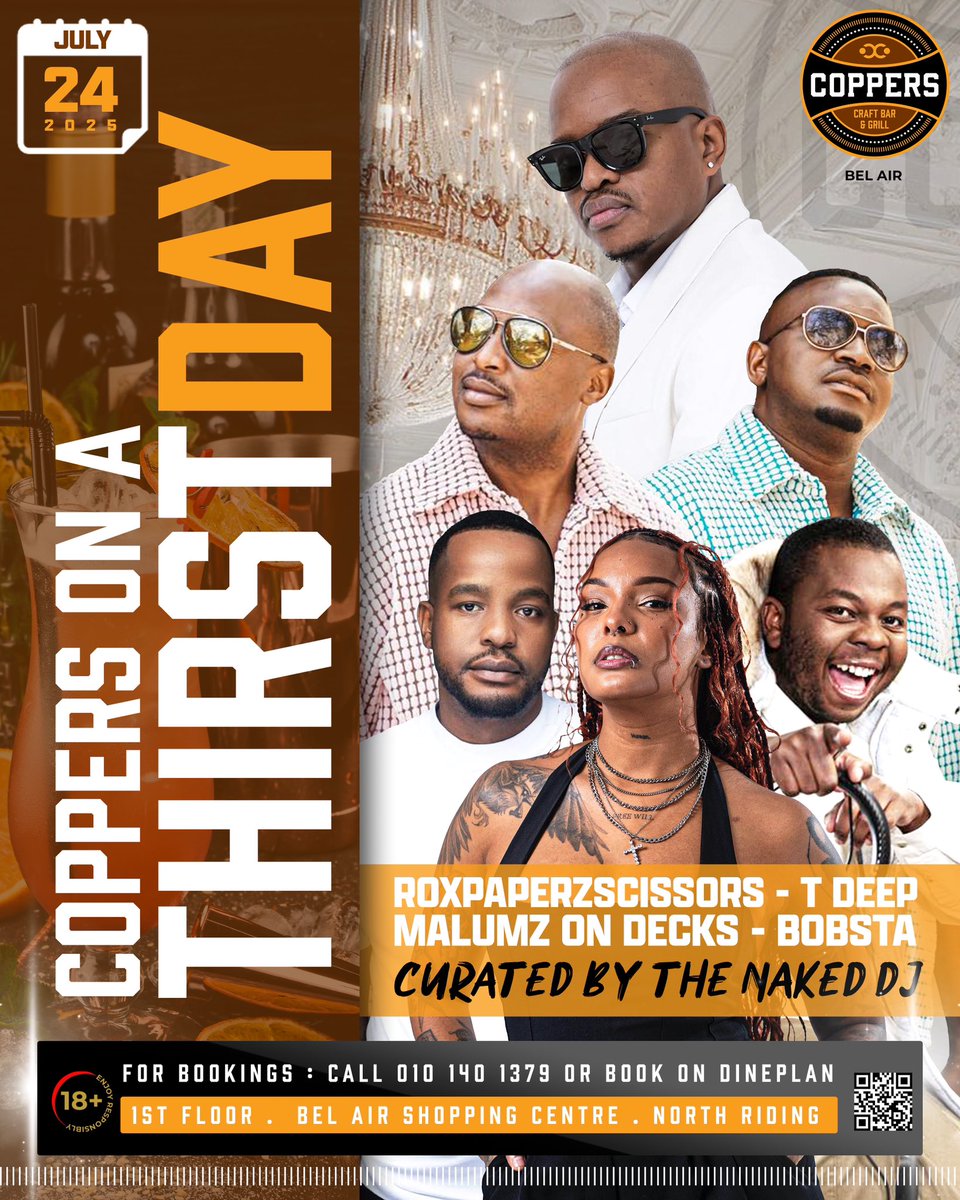 IG : @naked_dj (@naked_dj) on Twitter photo THIRSTDAY NITE TONIGHT | 18:00 | COPPERS | Northriding | BELAIRE Mall |
MALUMZONDECKS | <a href="/MandladeDj/">#Malumzondecks #svuthelainumber</a> <a href="/oscar_Udeddie/">oscar_malumzondecks</a> | <a href="/TdeepSa/">Lule Out Now!</a> | <a href="/roxroberson/">Roxpaperzscissors</a> | <a href="/Bobstadj/">Bobby Ewing</a> | Come Join Us | 🥳🍾 | #CoppersOnAthirstday | THIRSTDAY NITE TONIGHT | 18:00 | COPPERS | Northriding | BELAIRE Mall |
MALUMZONDECKS | <a href="/MandladeDj/">#Malumzondecks #svuthelainumber</a> <a href="/oscar_Udeddie/">oscar_malumzondecks</a> | <a href="/TdeepSa/">Lule Out Now!</a> | <a href="/roxroberson/">Roxpaperzscissors</a> | <a href="/Bobstadj/">Bobby Ewing</a> | Come Join Us | 🥳🍾 | #CoppersOnAthirstday |