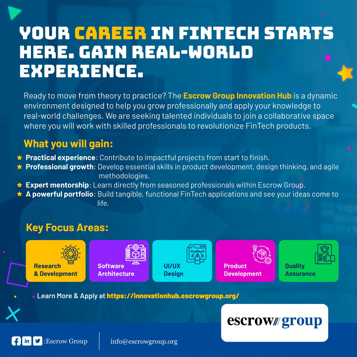 Ready to move from theory to practice? Join the Escrow Group Innovation Hub and gain the real-world FinTech experience you need to launch your career.