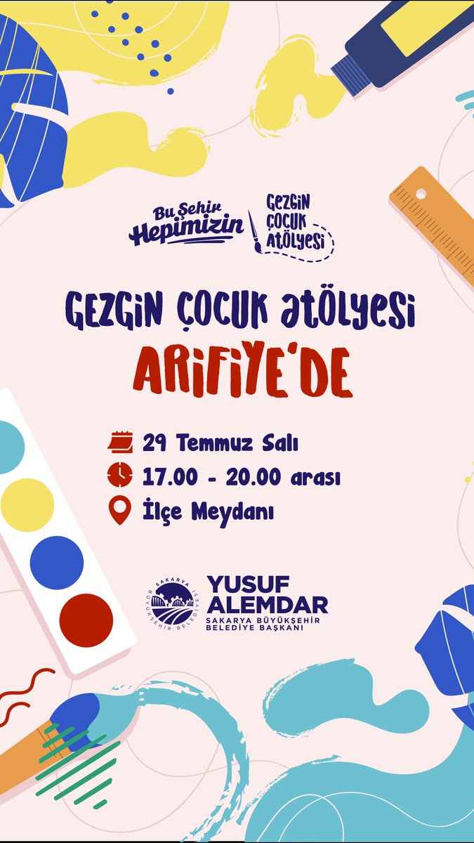 🎨 Gezgin Çocuk Atölyesi Arifiye’de!
Minikler için dopdolu bir atölye etkinliği Arifiye İlçe Meydanı’nda sizleri bekliyor!
📅 29 Temmuz Salı
🕔 17.00 - 20.00
📍 İlçe Meydanı

Renkler, hayal gücü ve eğlence bu atölyede buluşuyor. Tüm çocuklarımızı bekliyoruz! 🌟