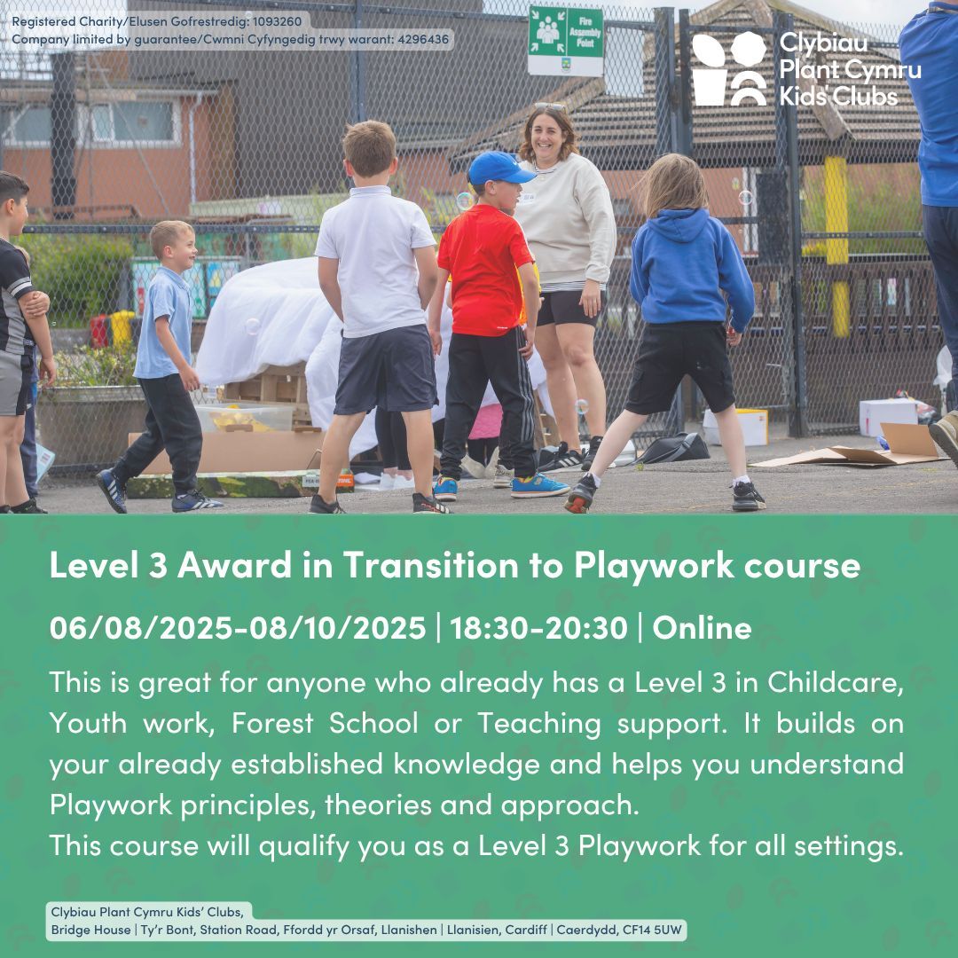 Level 3 Award in Transition to Playwork (22082) 
06/08/2025-08/10/2025 

BOOK NOW >> buff.ly/RkmY4YF